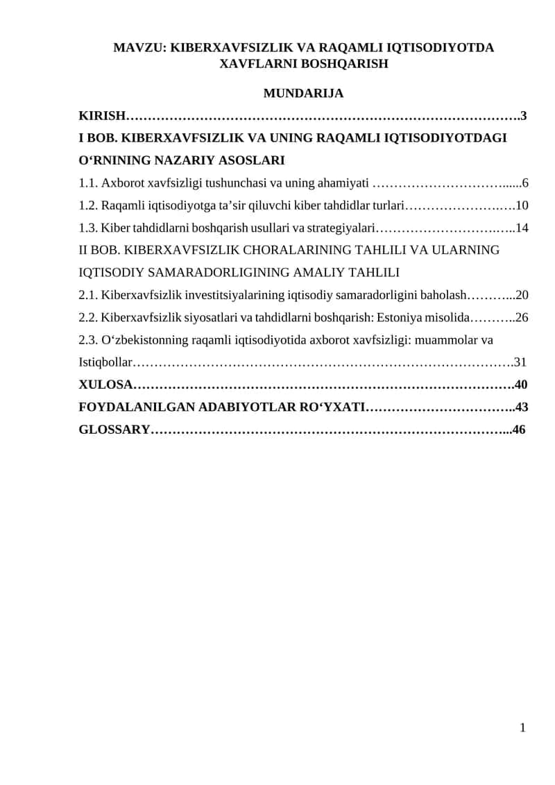 Kiberxavfsizlik va raqamli iqtisodiyotda xavflarni boshqarish