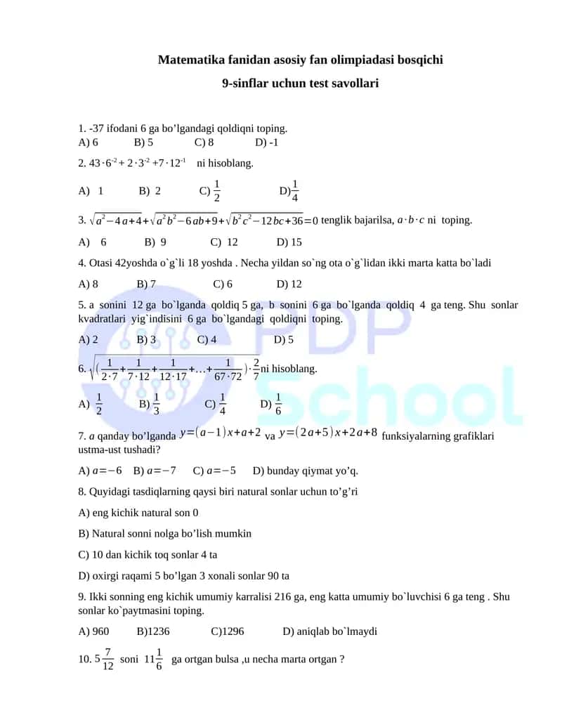 Matematika fanidan asosiy fan olimpiadasi bosqichi 9-sinflar uchun test savollari