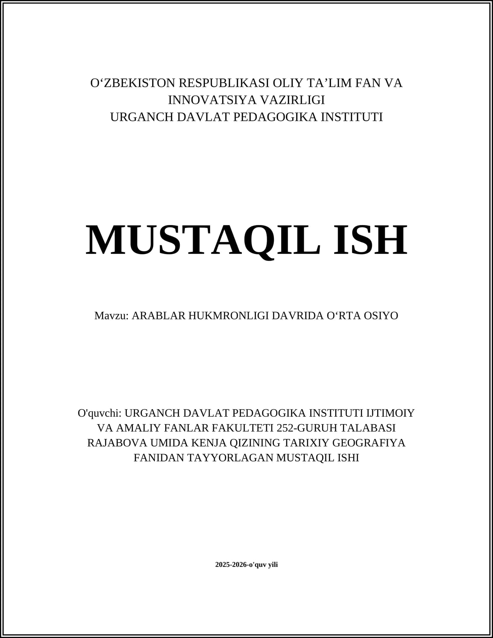 Arablar hukmronligi davrida Oʻrta Osiyo
