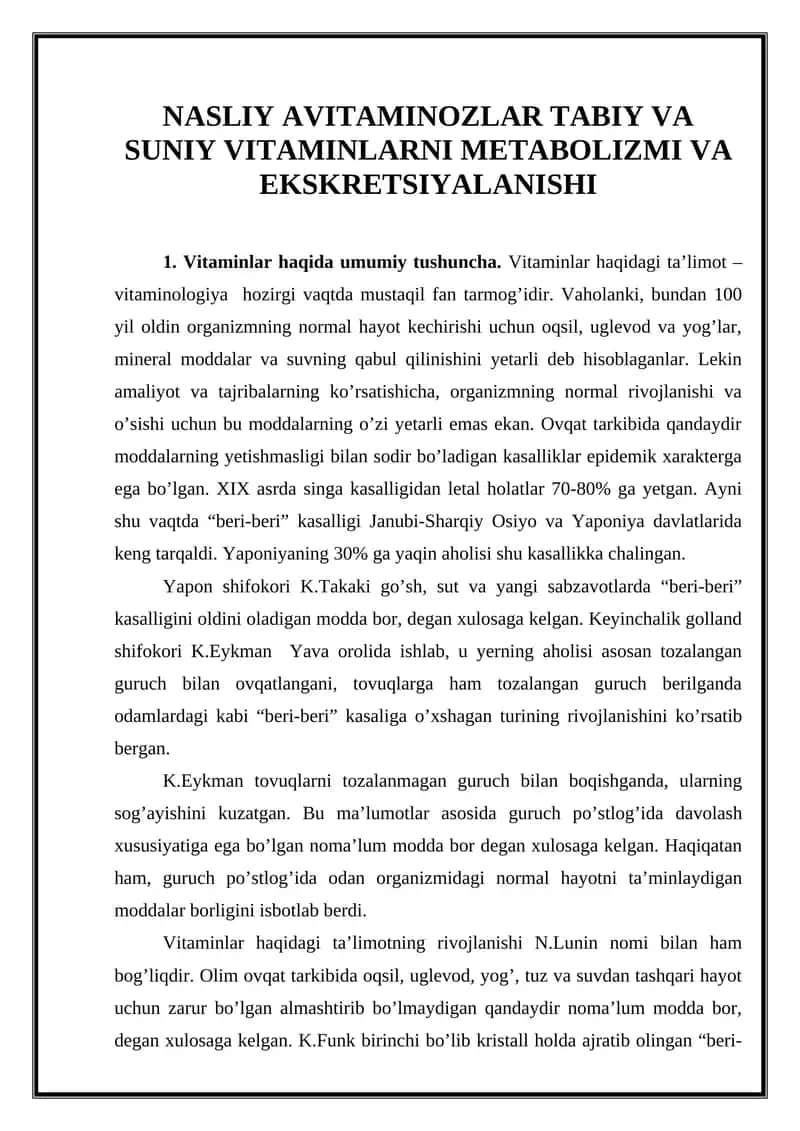 Vitaminlarning metabolizmi va ekskretsionalanishi