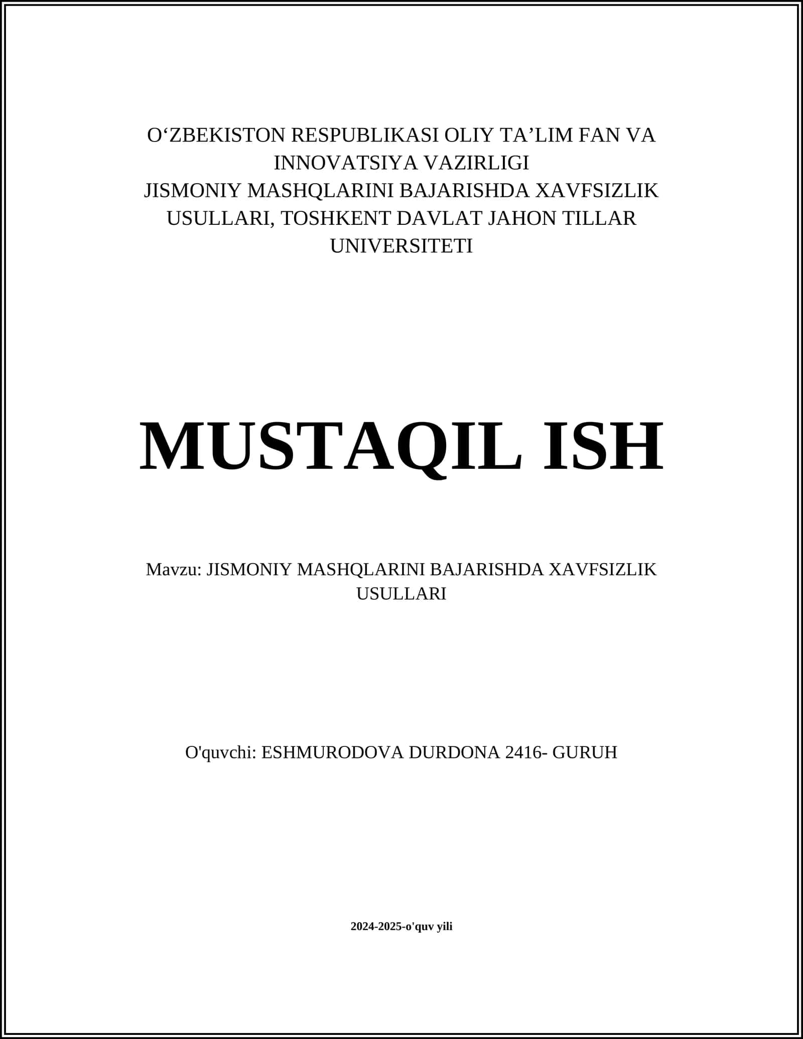 Jismoniy Mashqlarni Bajarishda Xavfsizlik Usullari