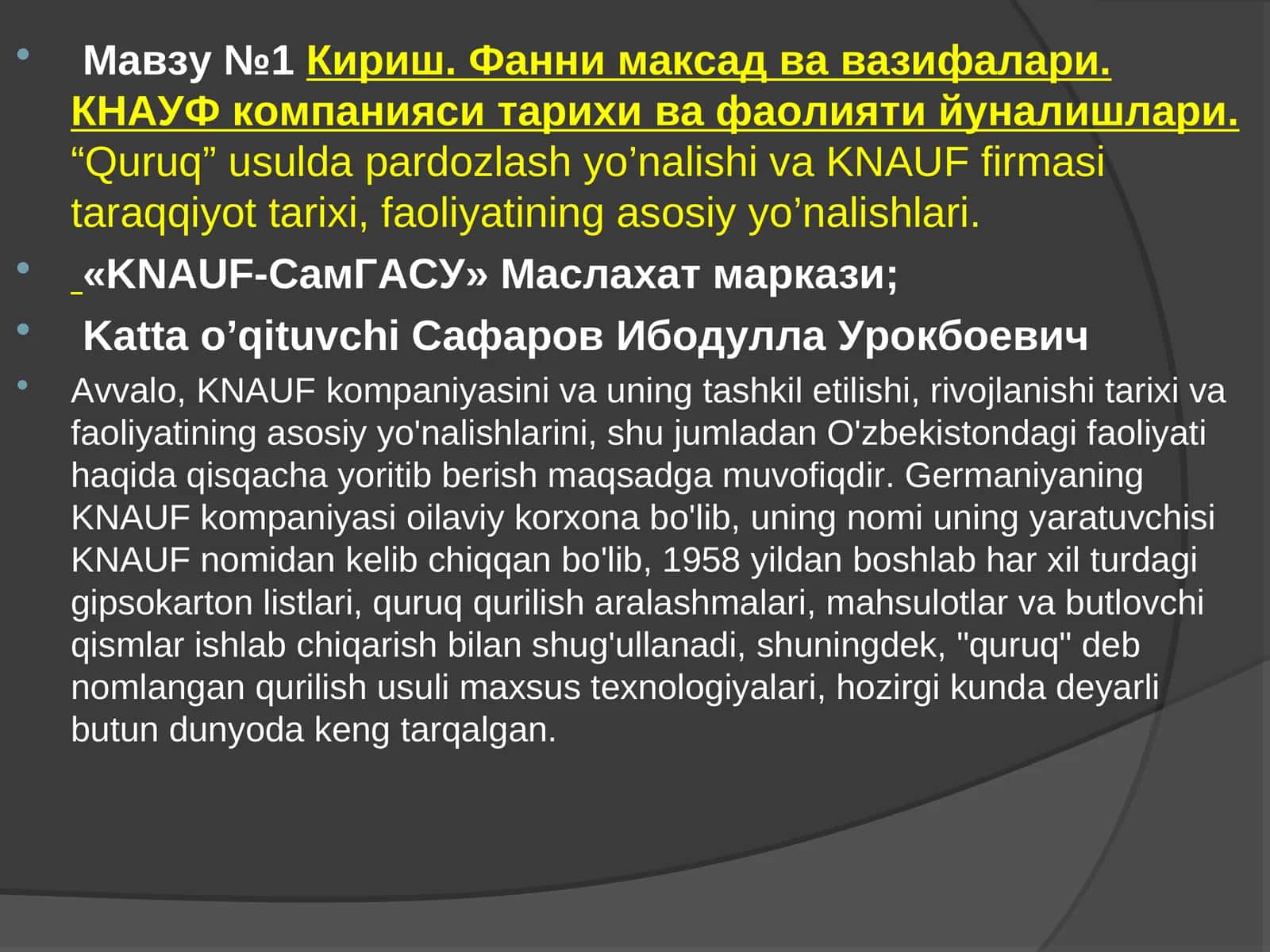 KNAUF компанияси тарихи ва фаолияти йуналишлари