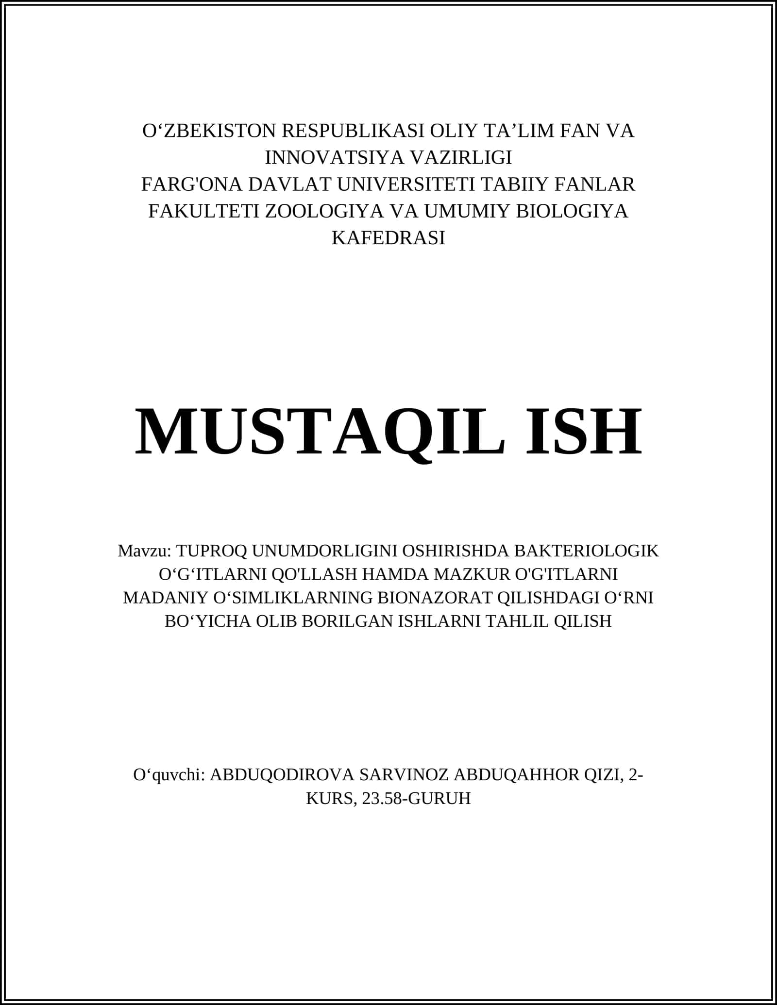 TUPROQ UNUMDORLIGINI OSHIRISHDA BAKTERIOLOGIK O‘G‘ITLARNI QO'LLASH
