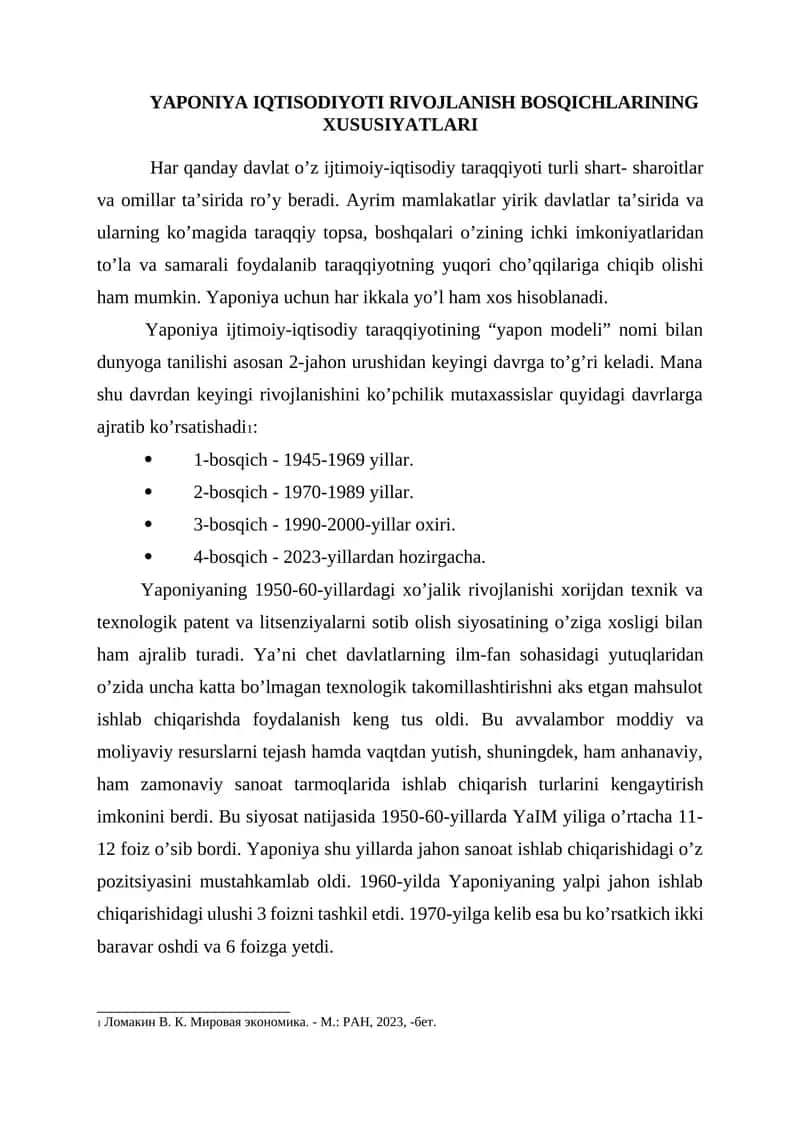 YAPONIYA IQTISODIYOTI RIVOJLANISH BOSQICHLARINING
