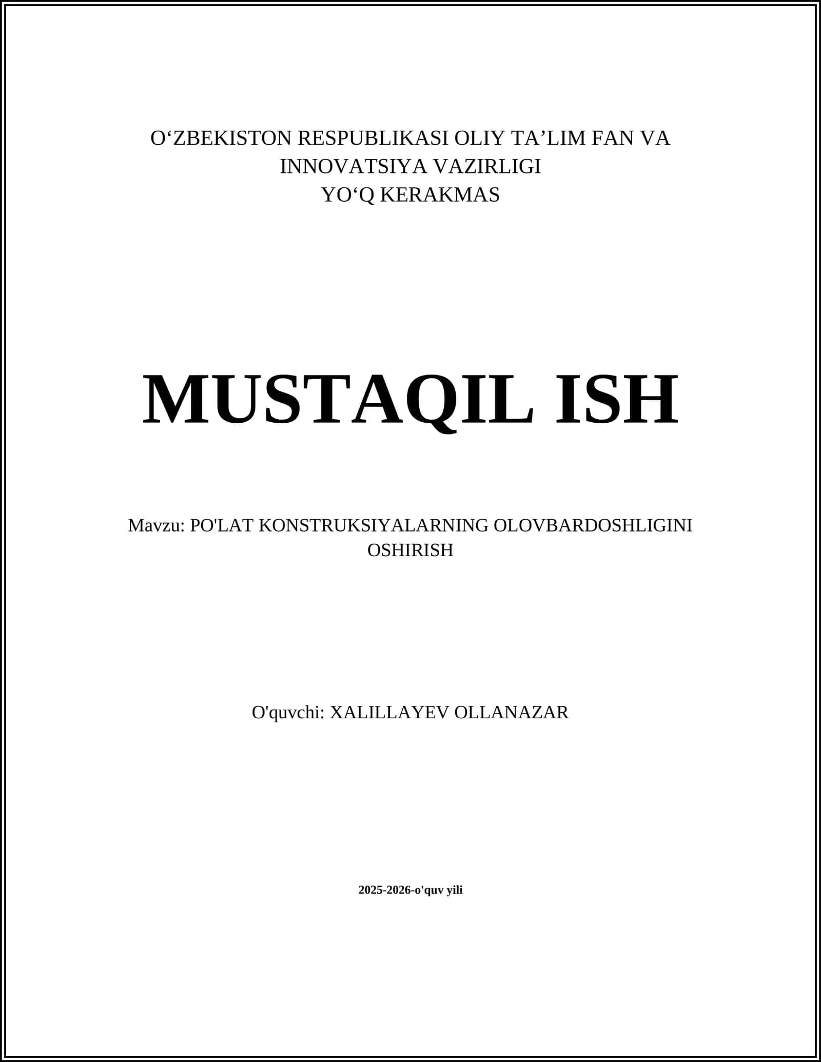 PO'LAT KONSTRUKSIYALARNING OLOVBARDOSHLIGINI OSHIRISH