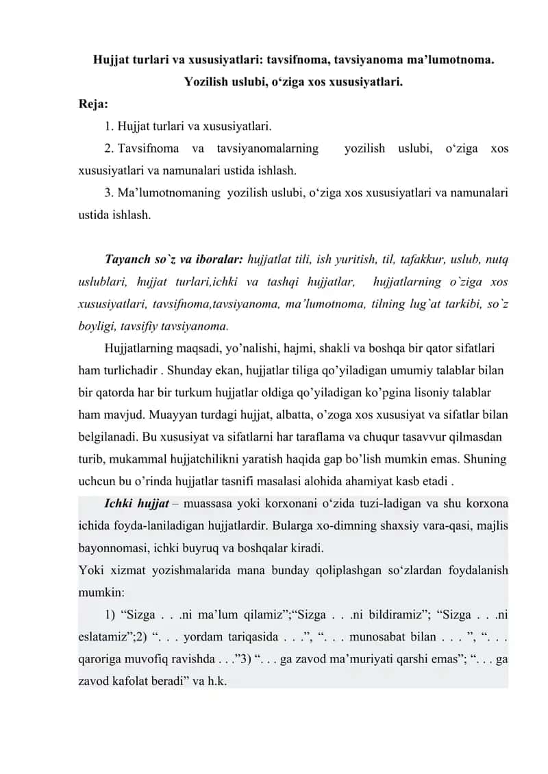 Tavsifnoma, tavsiyanoma, ma'lumotnoma yozish.