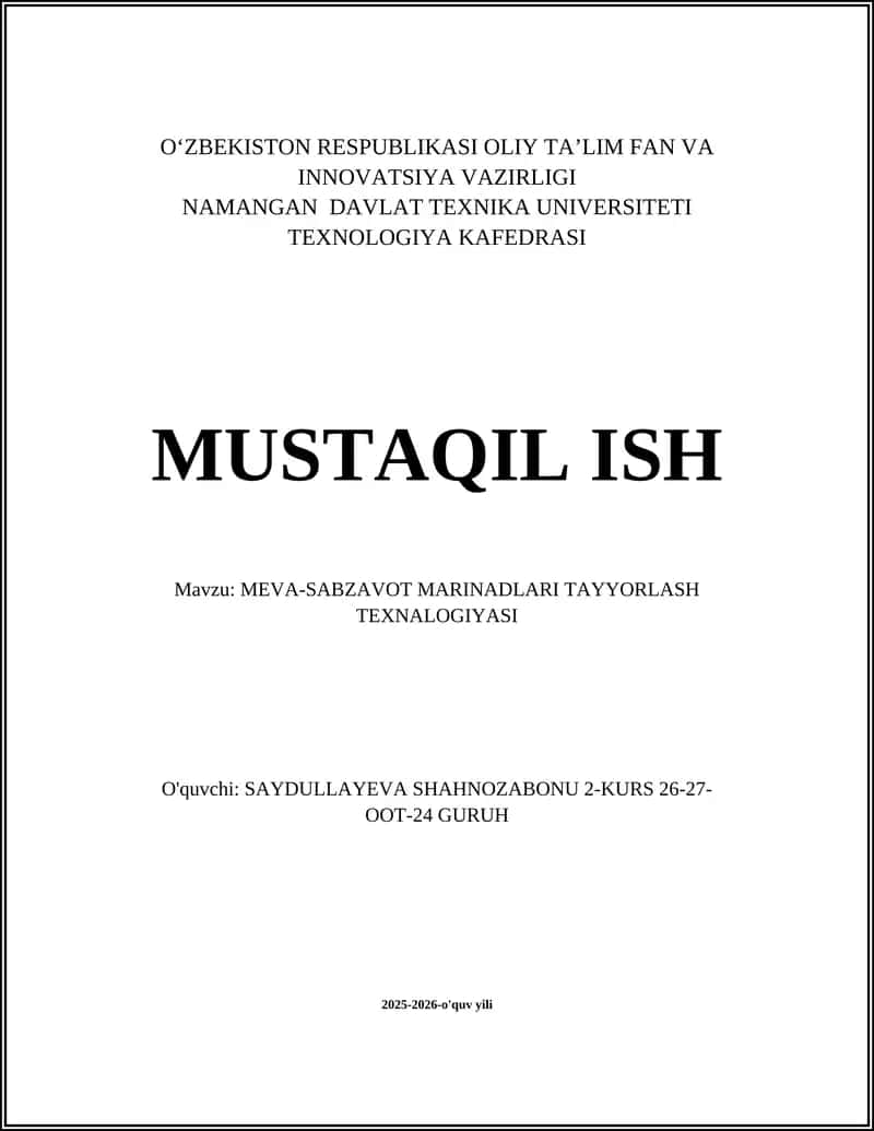 MEVA-SABZAVOT MARINADLARI TAYYORLASH TEXNALOGIYASI