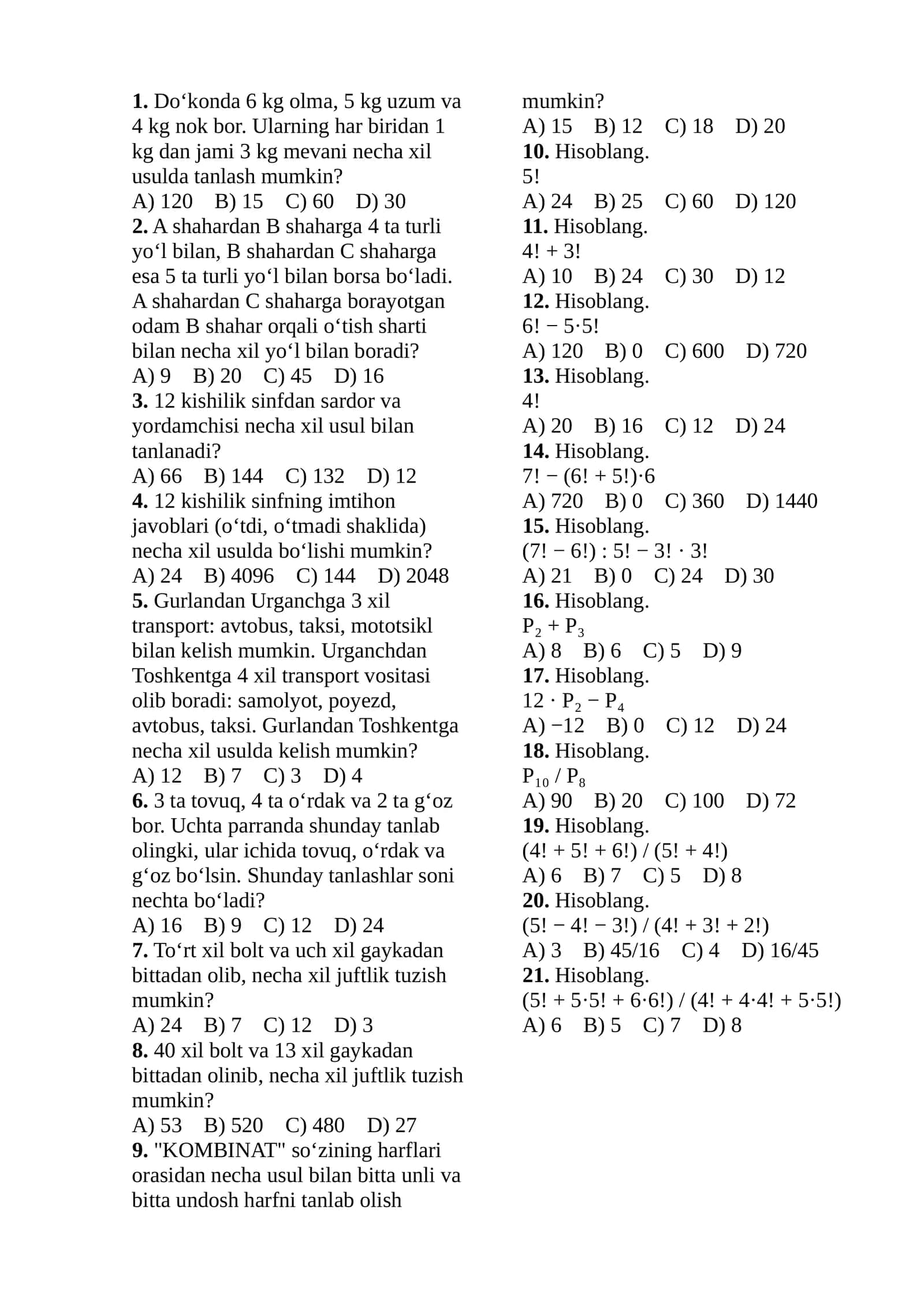 matematika testlar (oson)