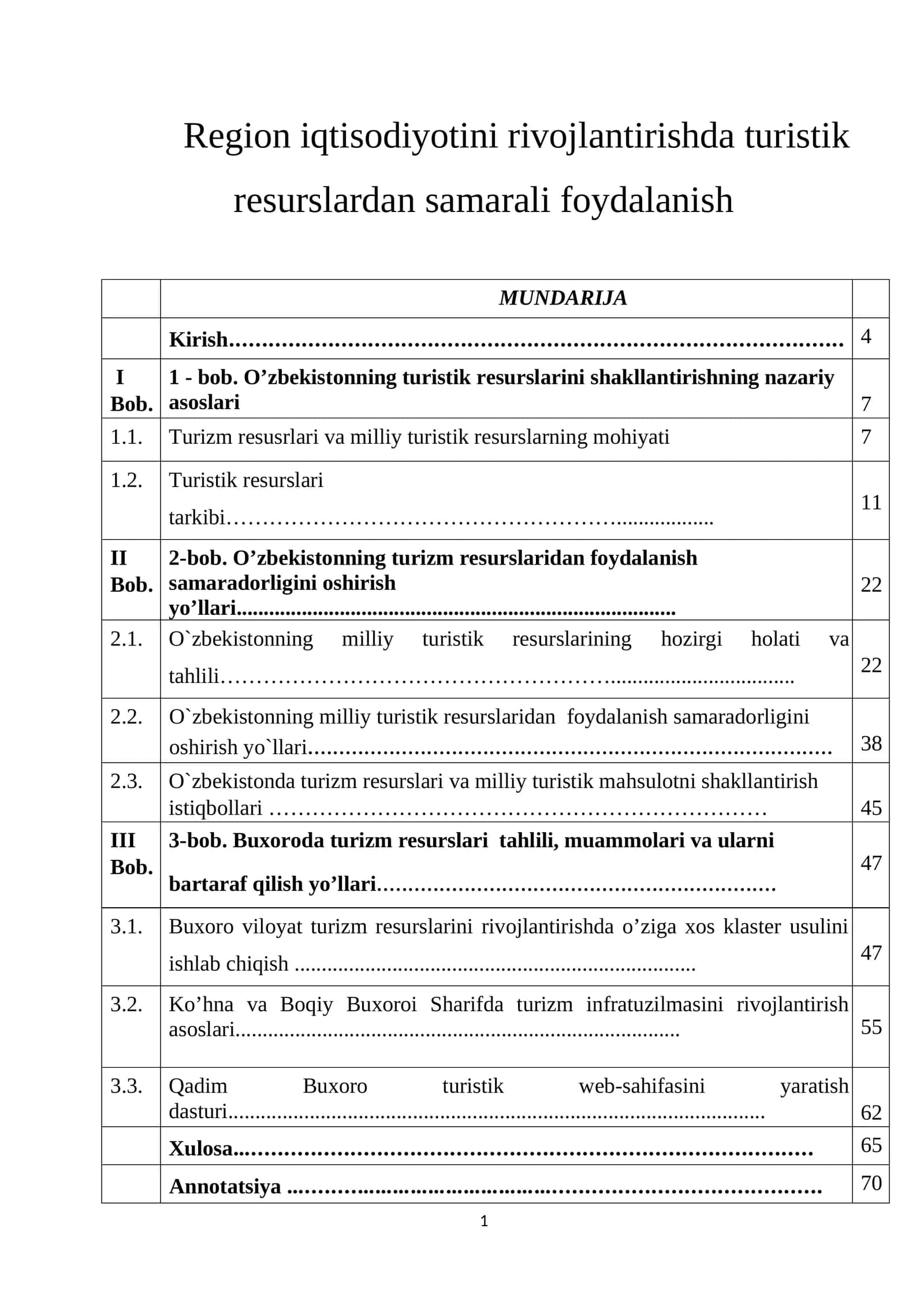 Region iqtisodiyotini rivojlantirishda turistik resurslardan samarali foydalanish