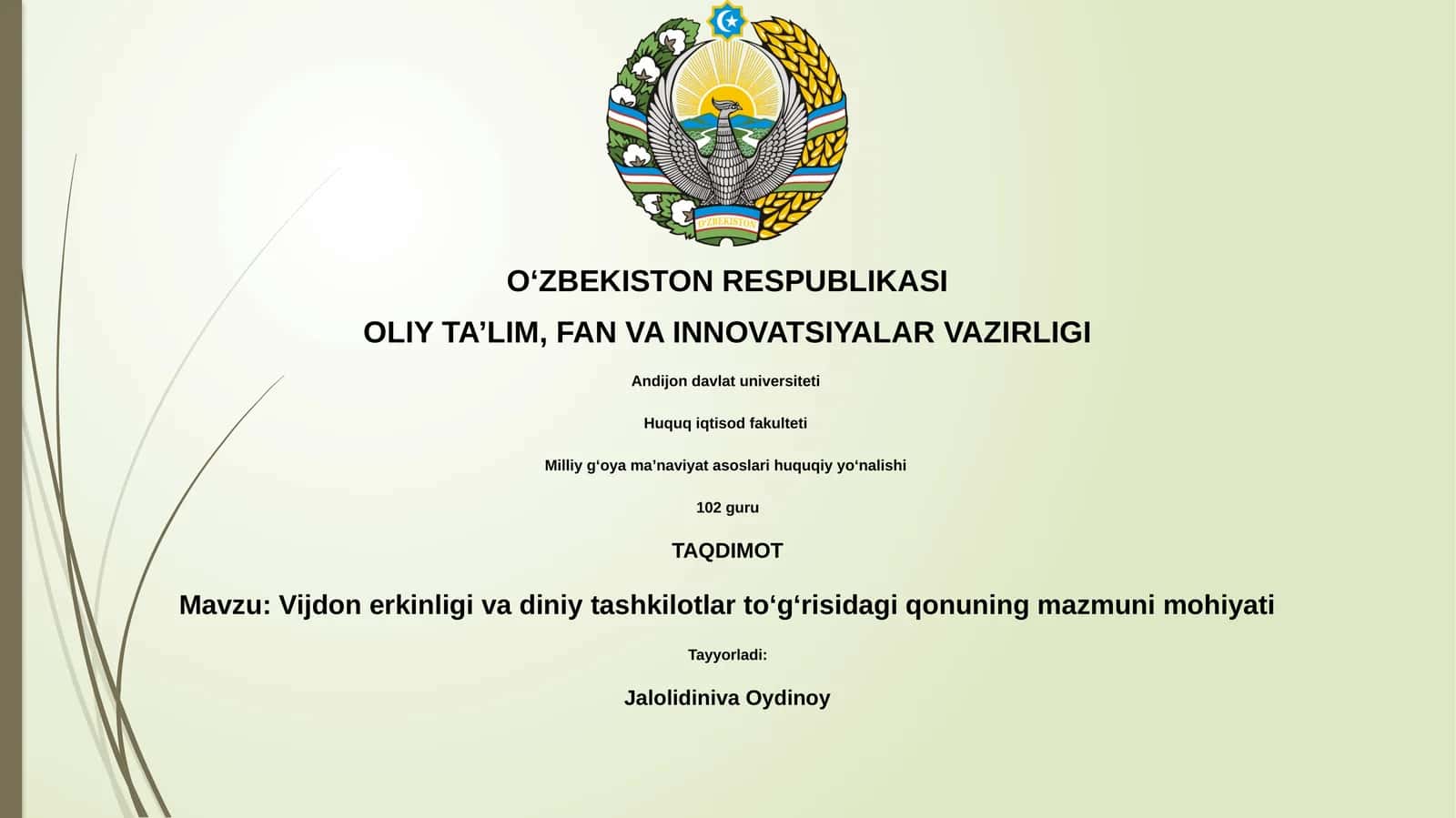 Vijdon erkinligi va diniy tashkilotlar toʻgʻrisidagi qonuning mazmuni mohiyati