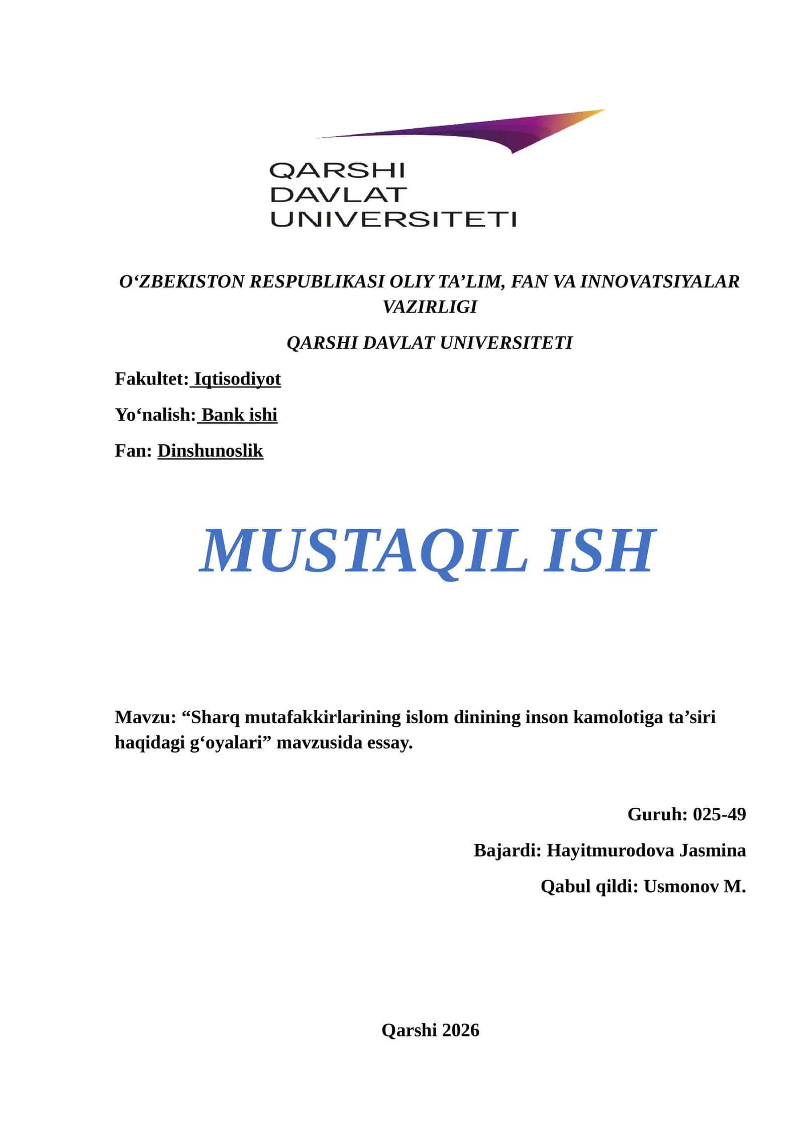 “Sharq mutafakkirlarining islom dinining inson kamolotiga ta’siri haqidagi g‘oyalari” mavzusida essay