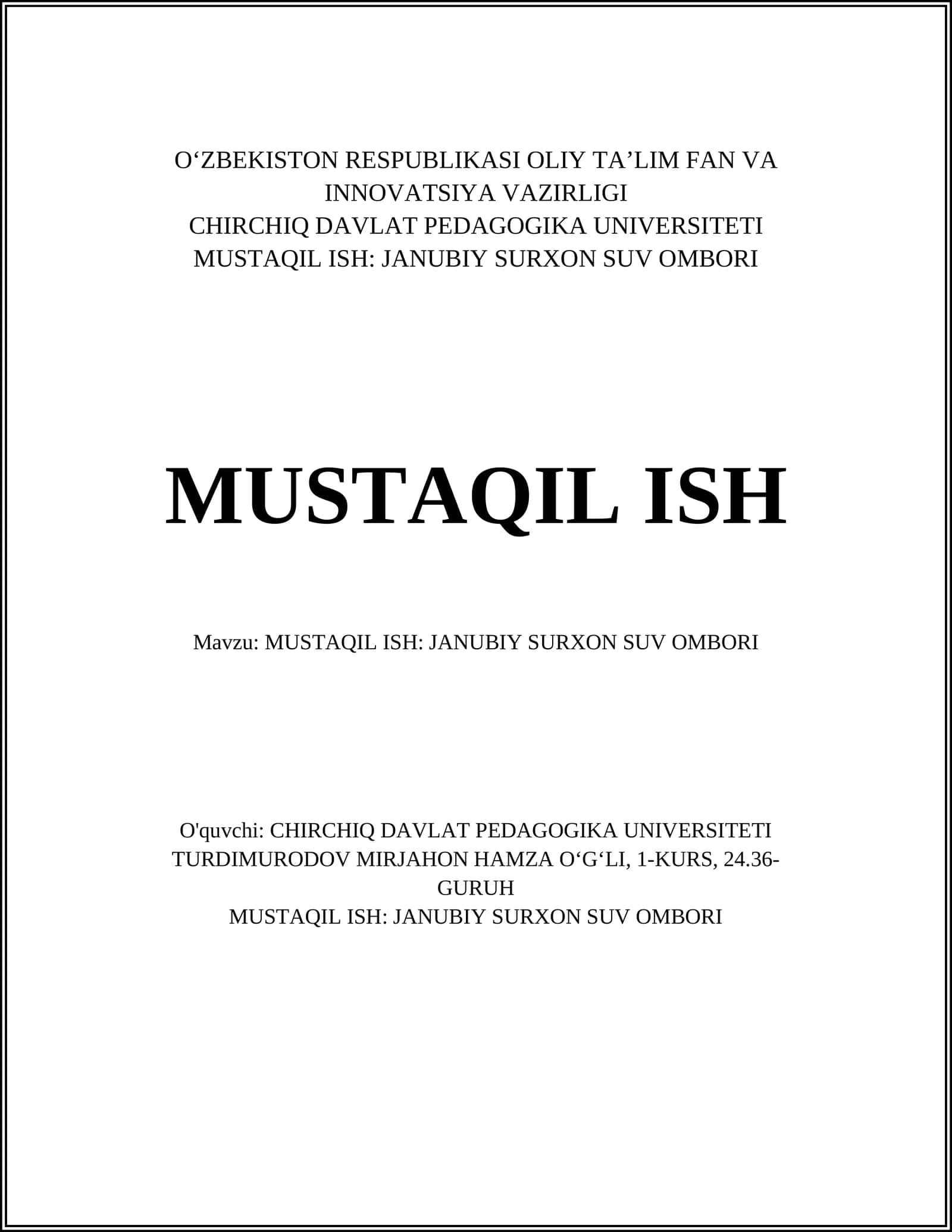 MUSTAQIL ISH: JANUBIY SURXON SUV OMBORI