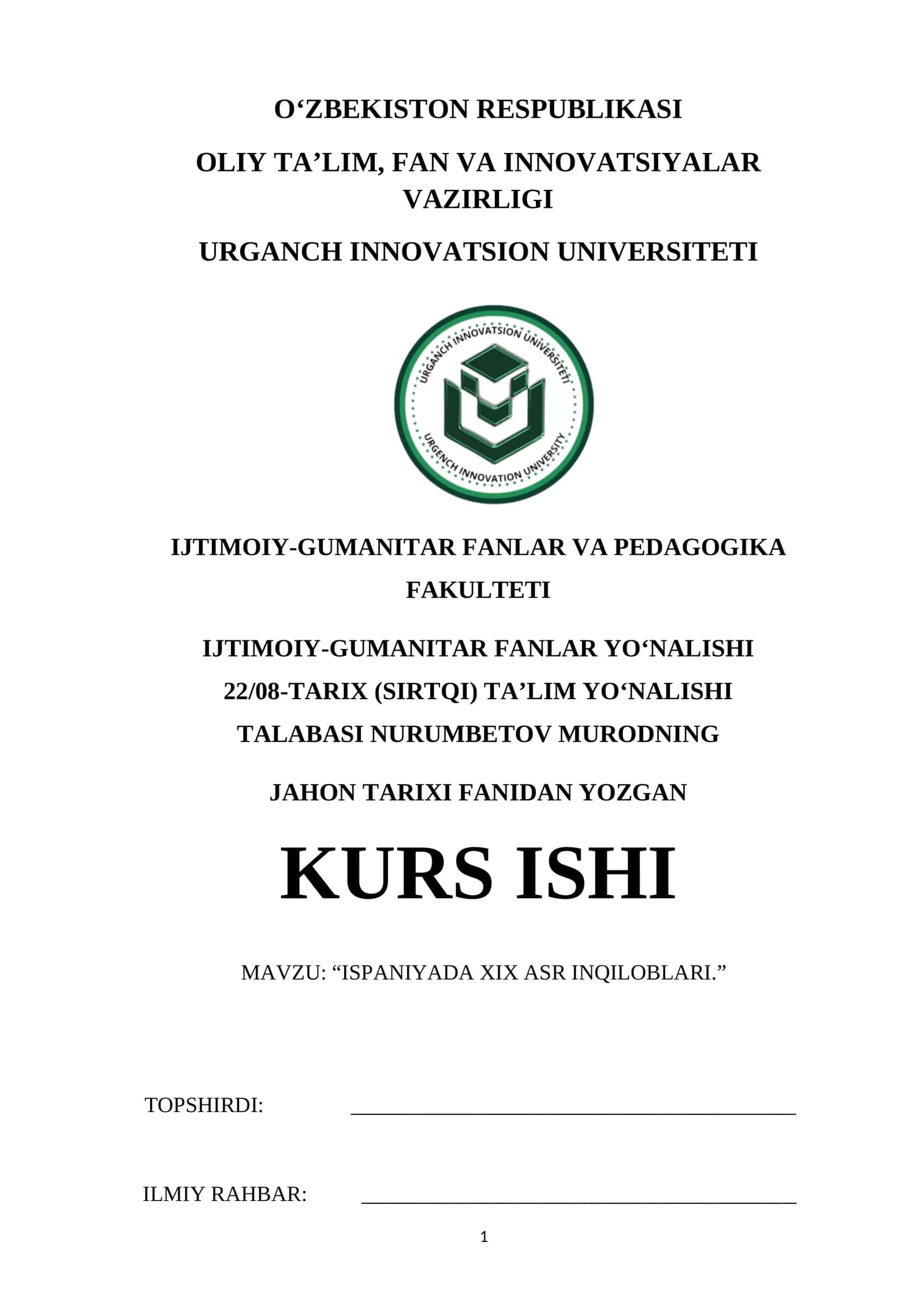 ISPANIYADA XIX ASR INQILOBLARI kurs ishi