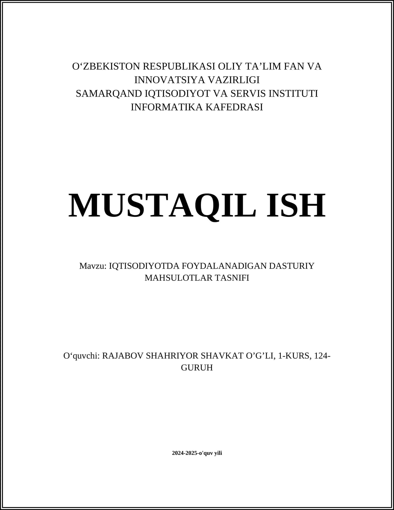 IQTISODIYOTDA FOYDALANADIGAN DASTURIY MAHSULOTLAR TASNIFI