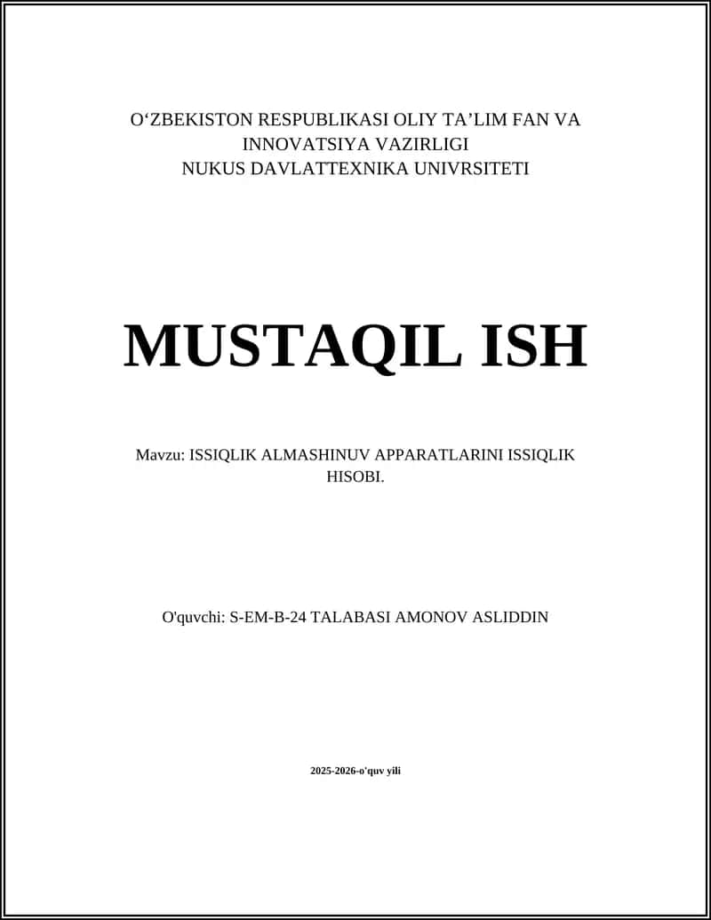 ISSIQLIK ALMASHINUV APPARATLARINI ISSIQLIK HISOBI