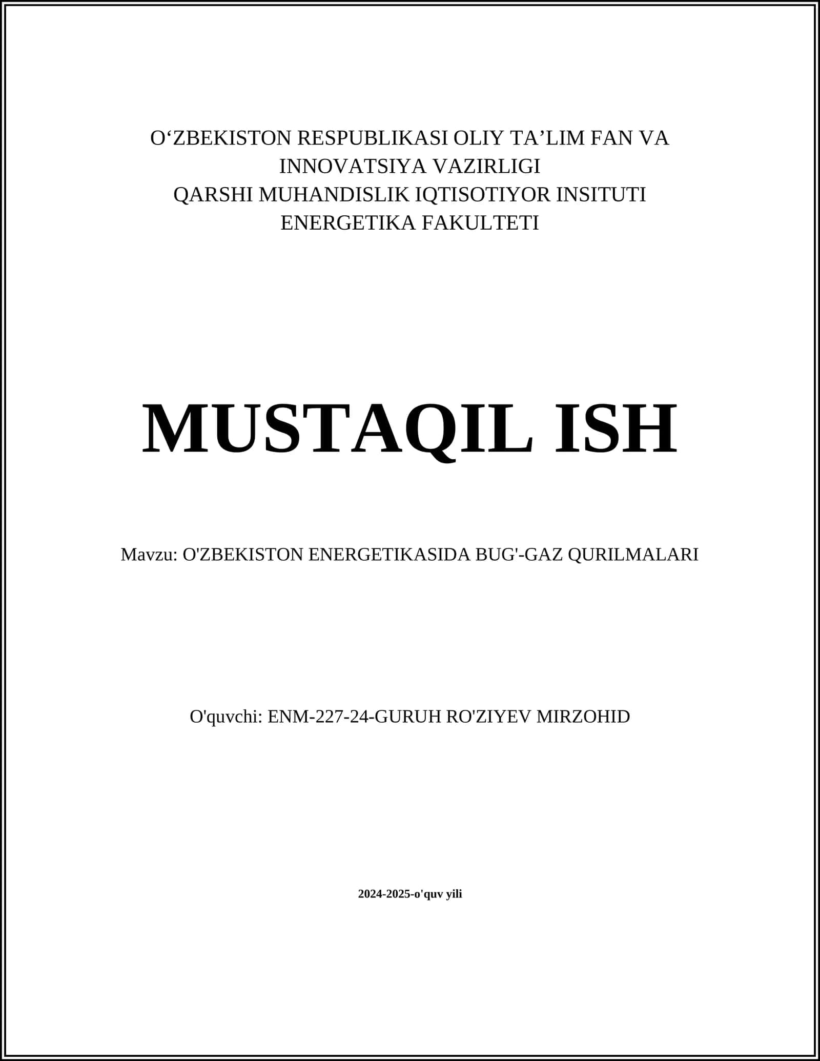O'ZBEKISTON ENERGETIKASIDA BUG'-GAZ QURILMALARI
