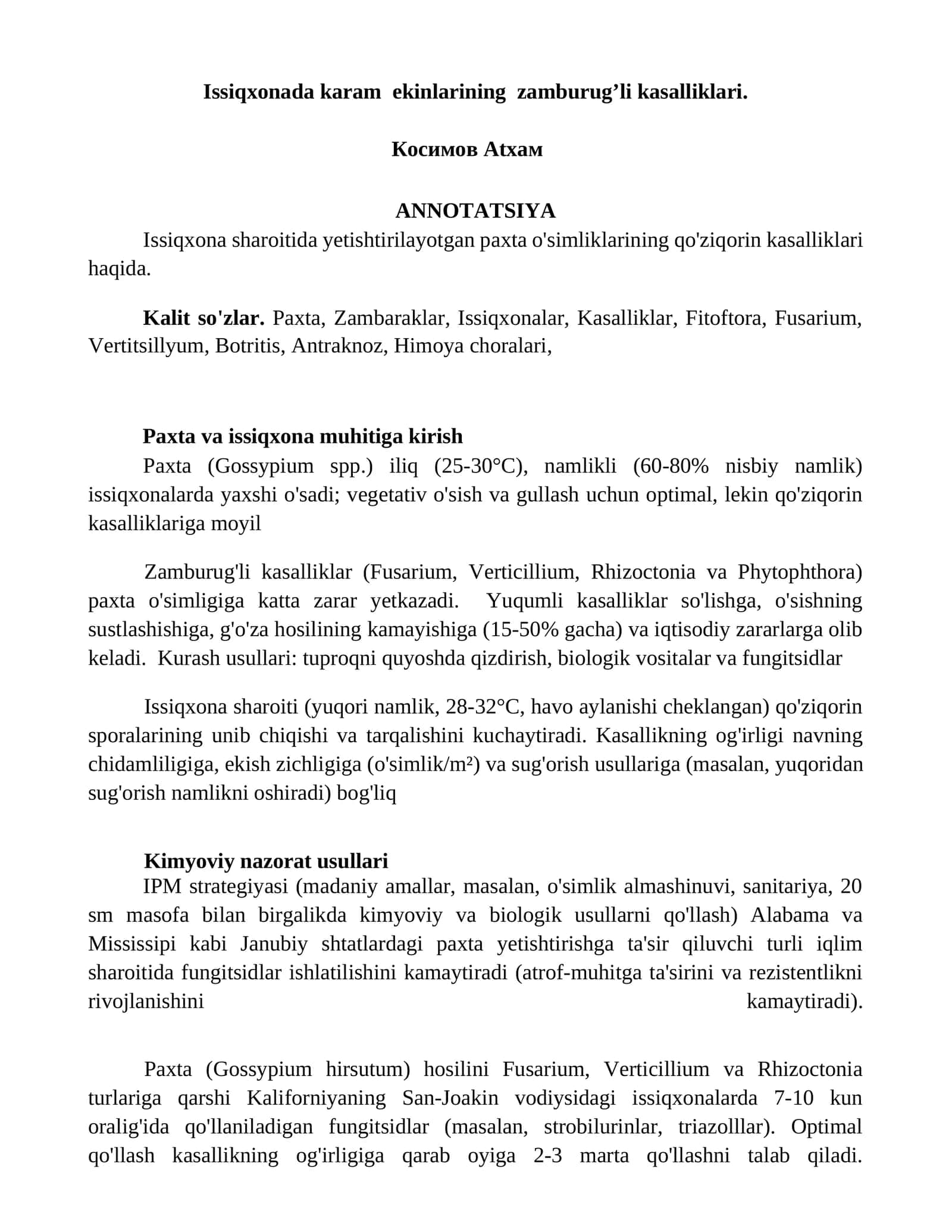 Issiqxonada karam ekinlarining zamburug’li kasalliklari