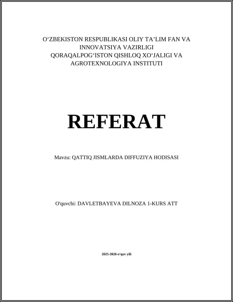 QATTIQ JISMLARDA DIFFUZIYA HODISASI