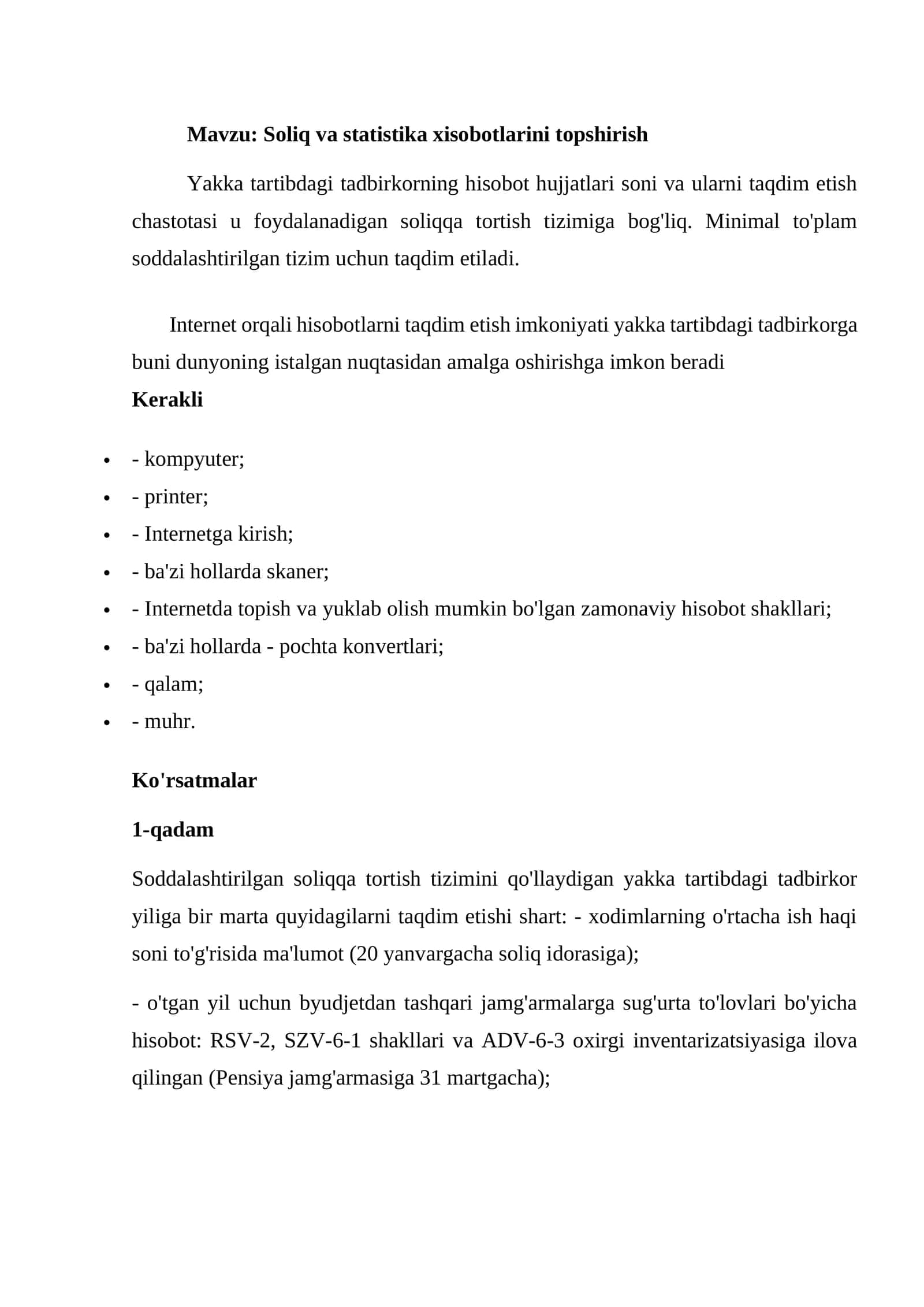 Soliq va statistika xisobotlarini topshirish
