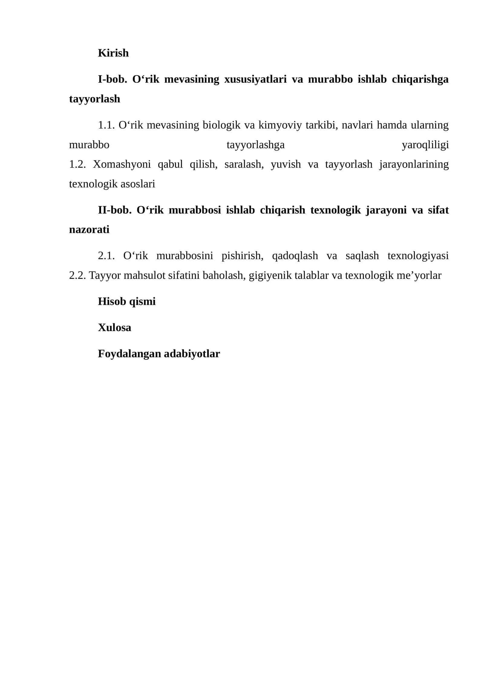 O‘rik mevasining xususiyatlari va murabbo ishlab chiqarishga tayyorlash