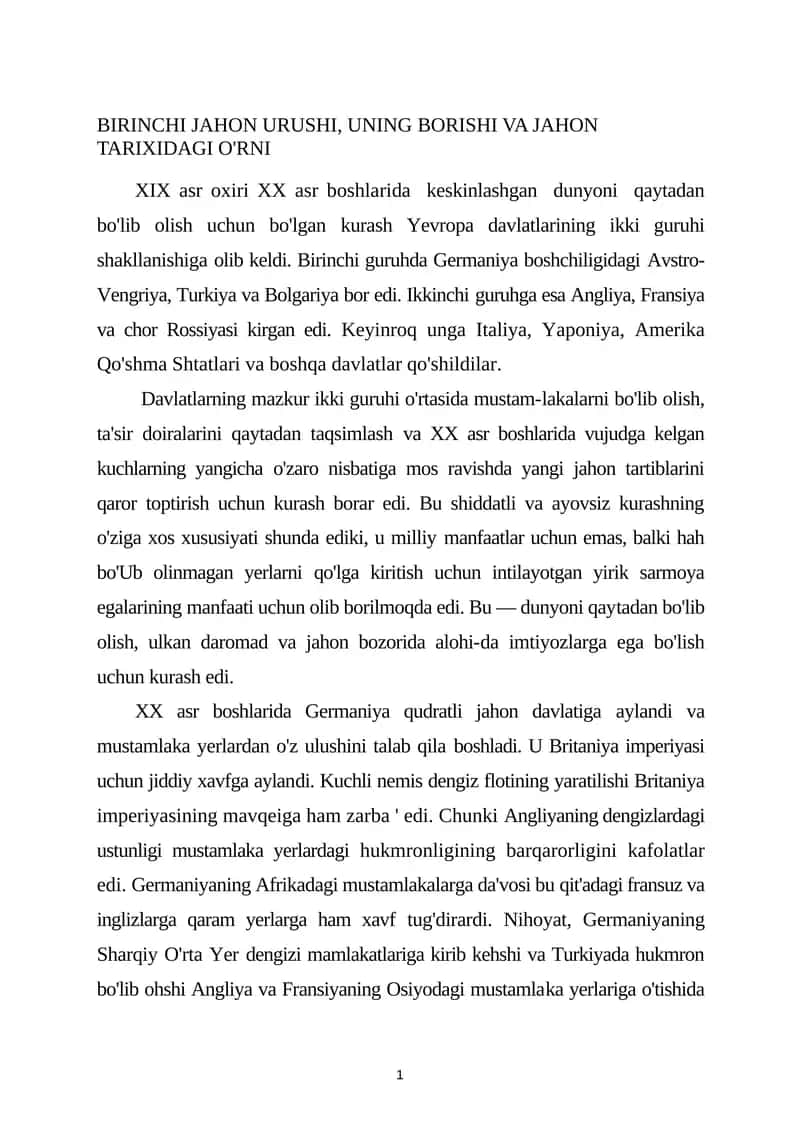 BIRINCHI JAHON URUSHI, UNING BORISHI VA JAHON TARIXIDAGI O'RNI
