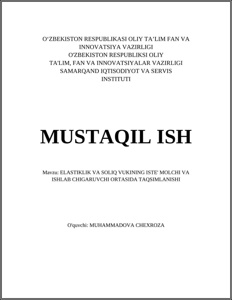 ELASTIKLIK VA SOLIQ VUKINING ISTE' MOLCHI VA ISHLAB CHIGARUVCHI ORTASIDA TAQSIMLANISHI