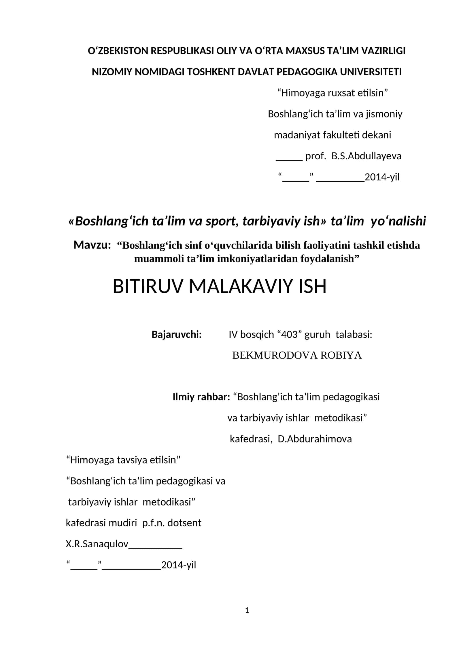 Boshlang‘ich ta’lim va sport, tarbiyaviy ish