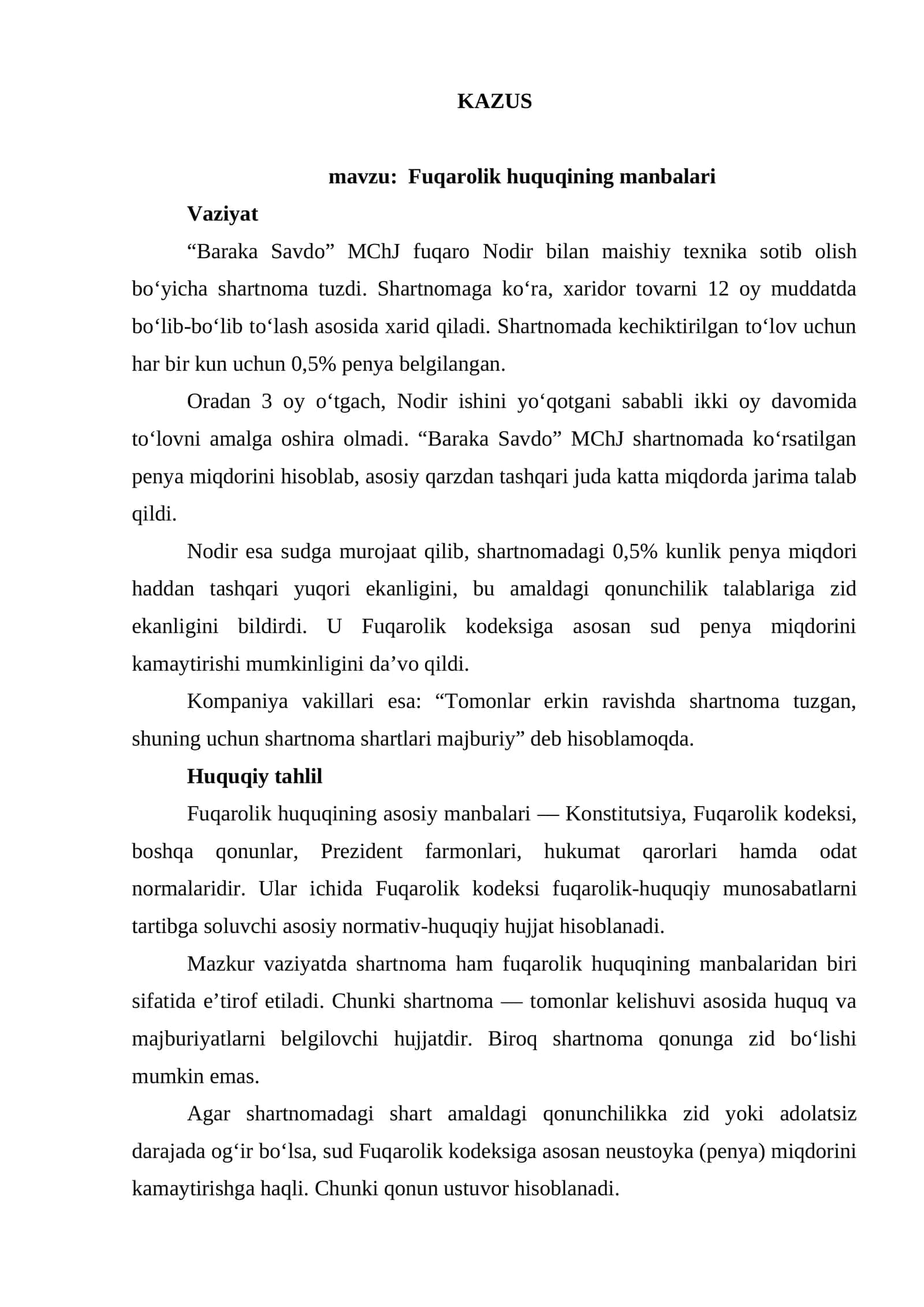 KAZUS Fuqarolik huquqining manbalari