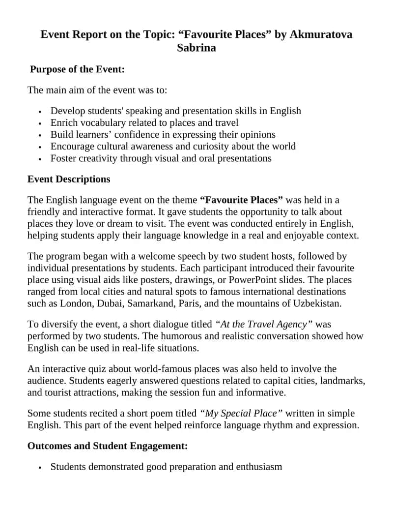 Event Report on the Topic: “Favourite Places” by Akmuratova Sabrina