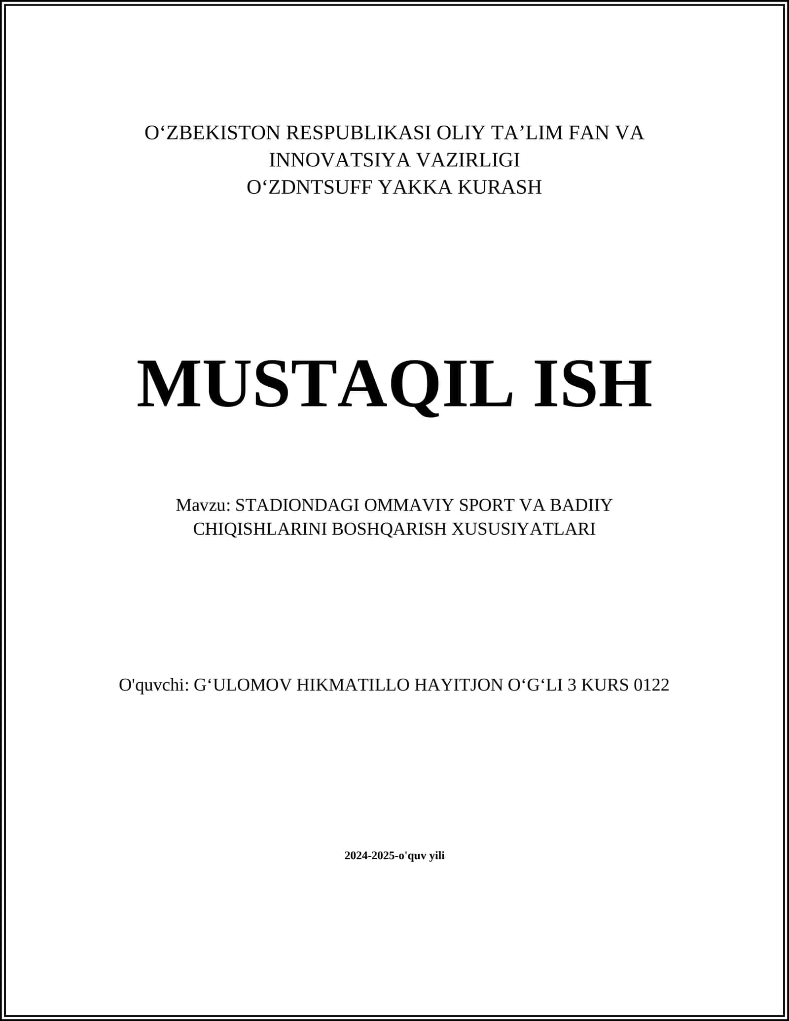 STADIONDAGI OMMAVIY SPORT VA BADIIY CHIQISHLARINI BOSHQARISH XUSUSIYATLARI