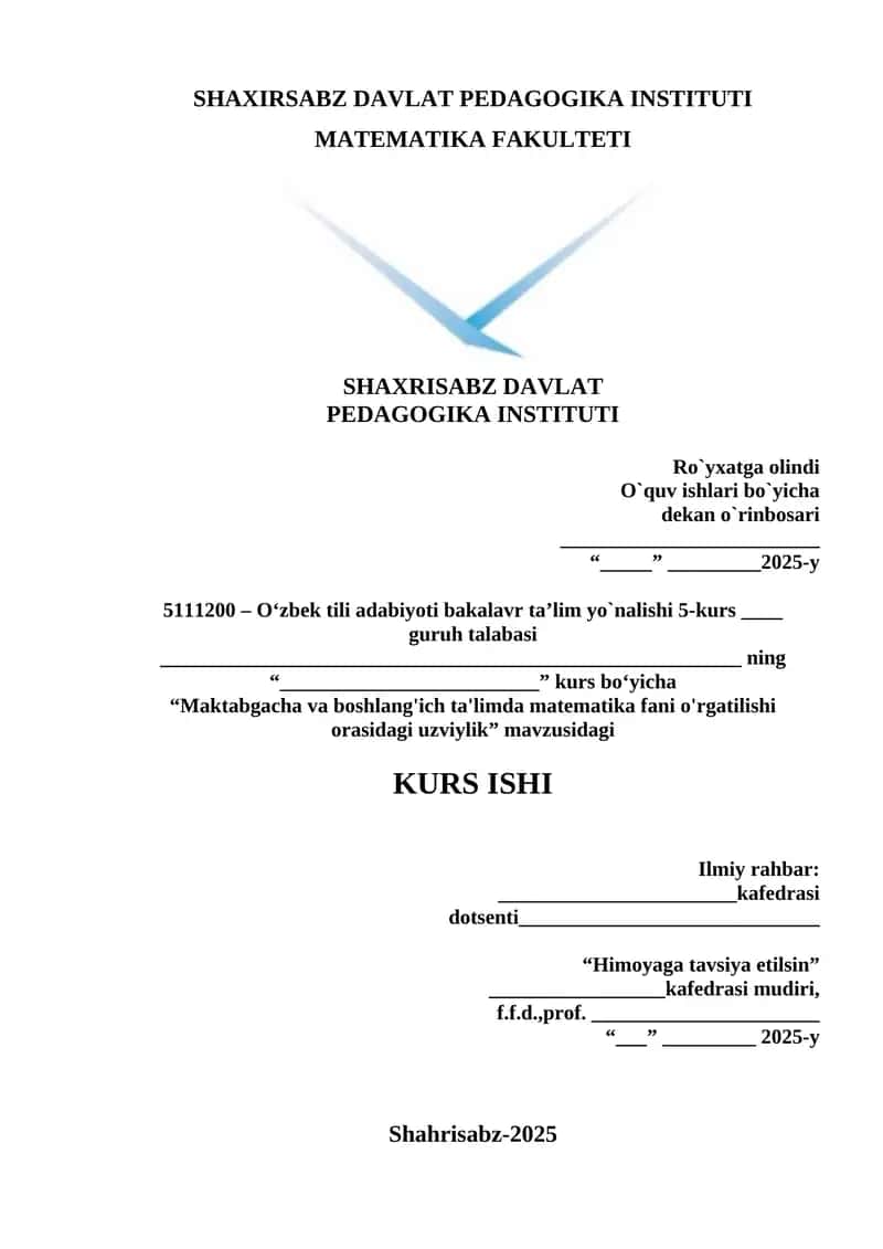 Maktabgacha va boshlang'ich ta'limda matematika fani o'rgatilishi