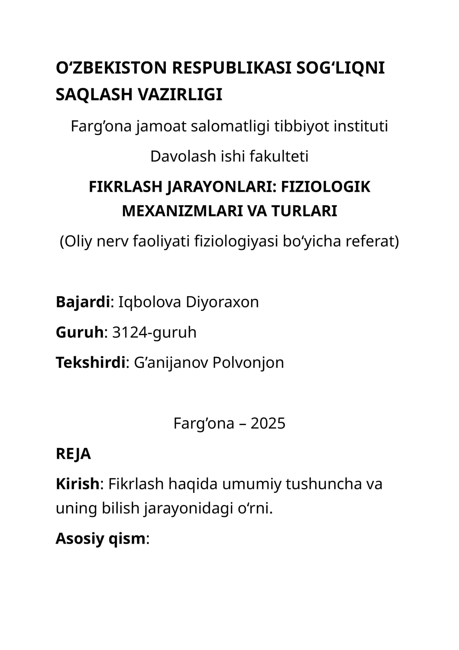 FIKRLASH JARAYONLARI: FIZIOLOGIK MEXANIZMLARI VA TURLARI