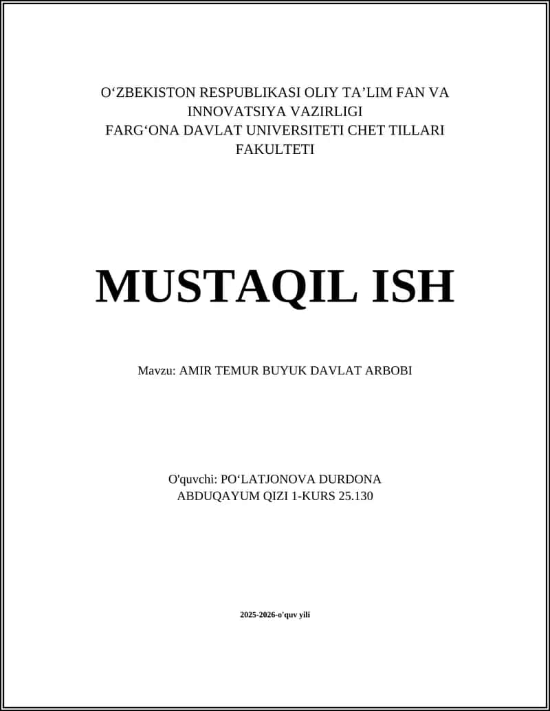 AMIR TEMUR BUYUK DAVLAT ARBOBI