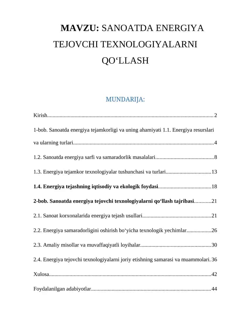 SANOATDA ENERGIYA TEJOVCHI TEXNOLOGIYALARNI QO‘LLASH