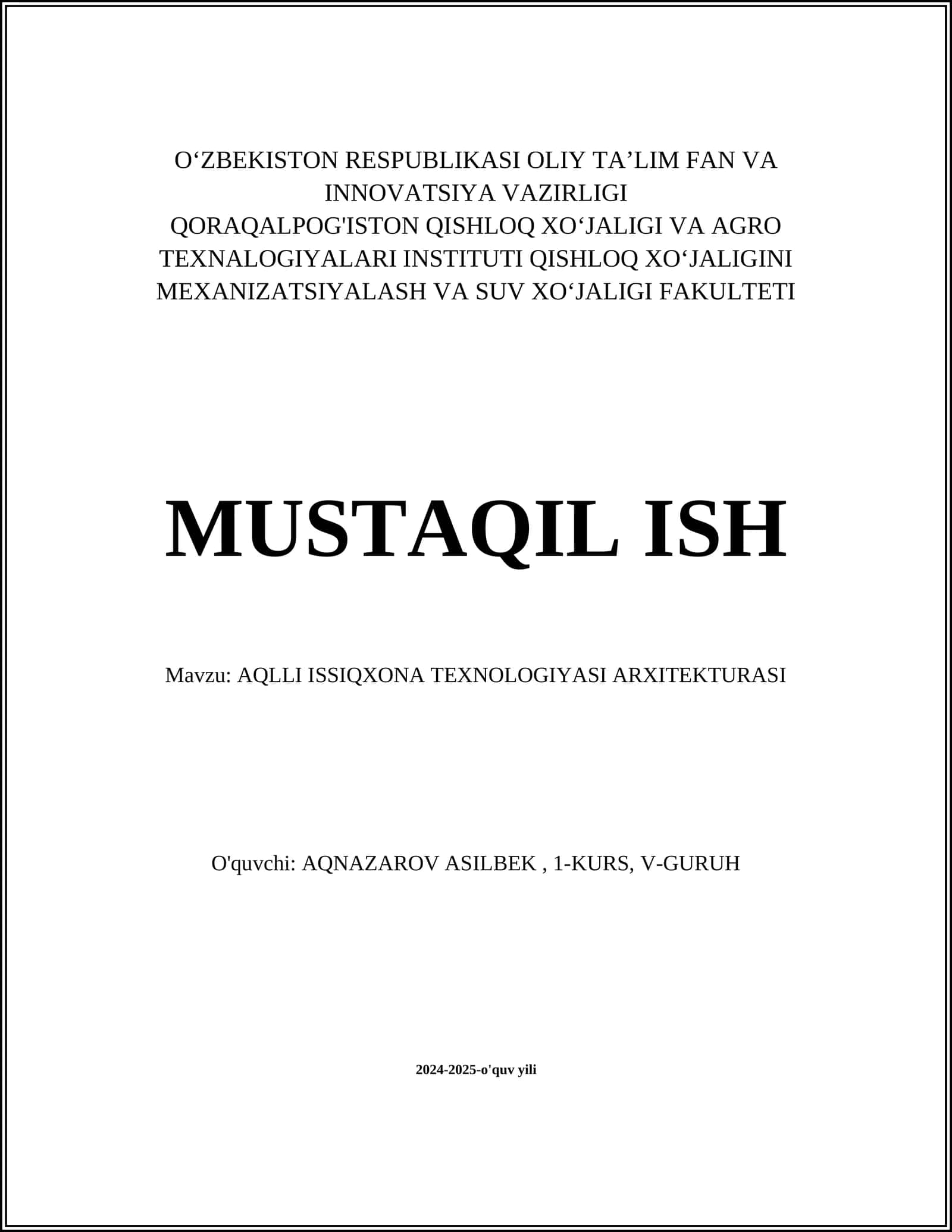 AQLLI ISSIQXONA TEXNOLOGIYASI ARXITEKTURASI