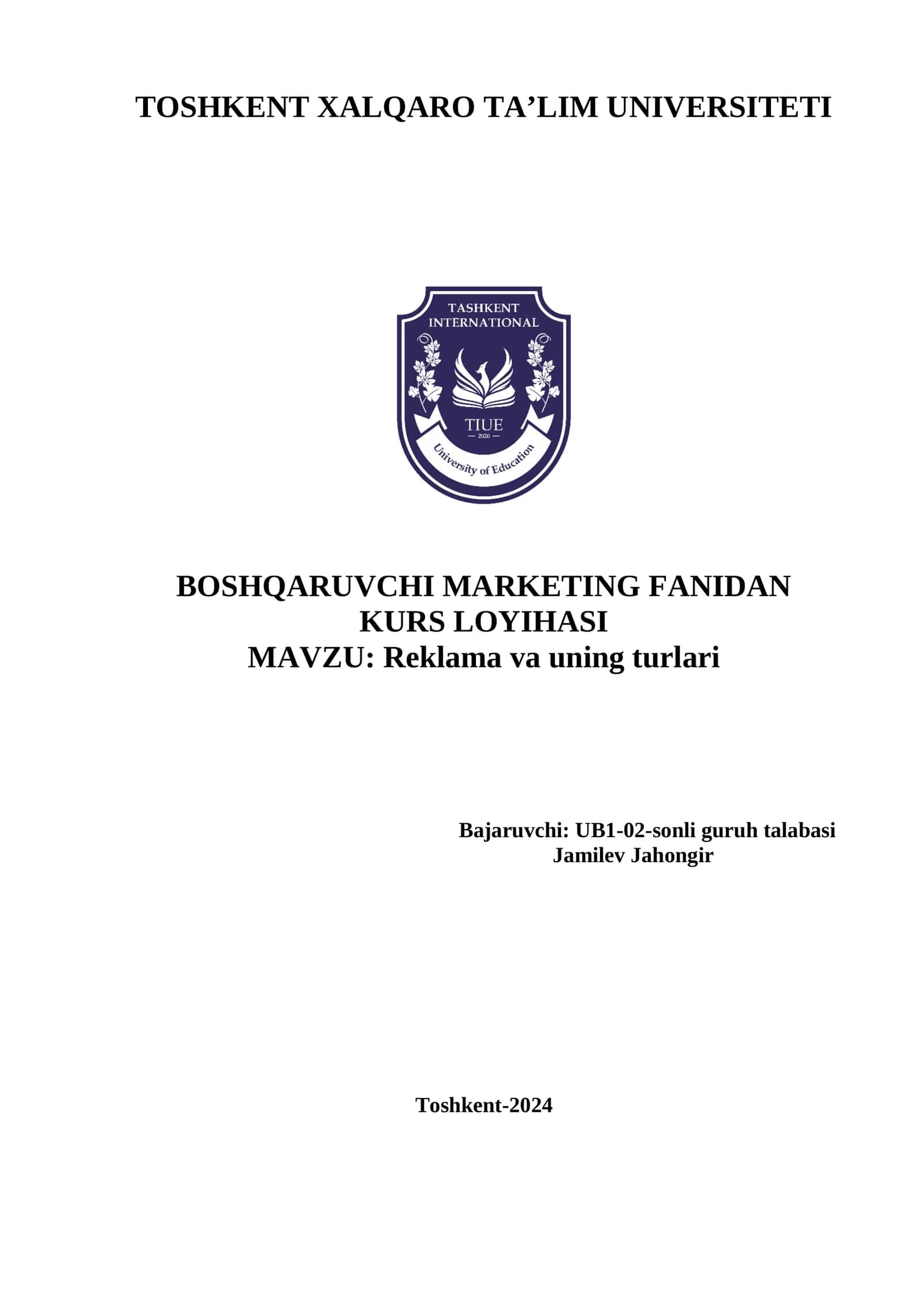 BOSHQARUVCHI MARKETING FANIDAN KURS LOYIHASI