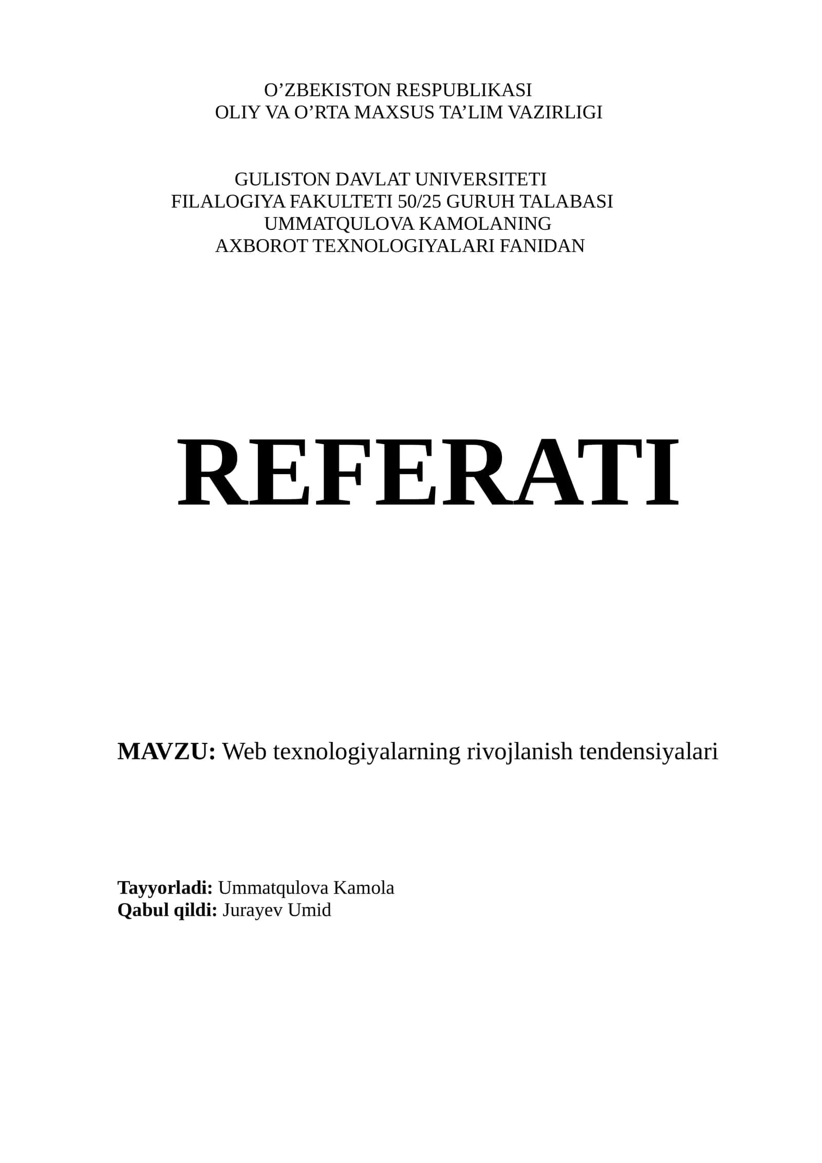 Web texnologiyalarning rivojlanish tendensiyalari