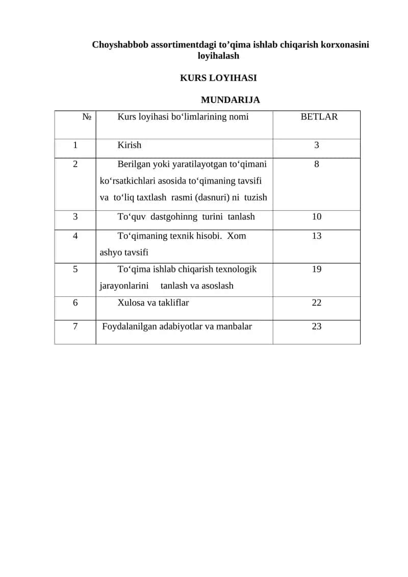 Choyshabbob assortimentdagi to’qima ishlab chiqarish korxonasini loyihalash KURS LOYIHASI