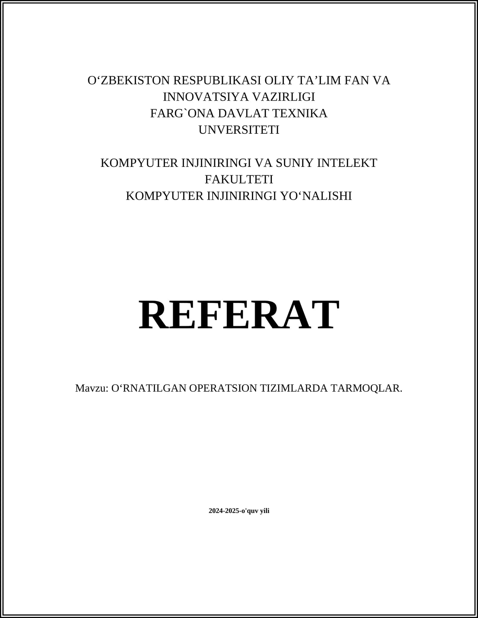 O‘RNATILGAN OPERATSION TIZIMLARDA TARMOQLAR
