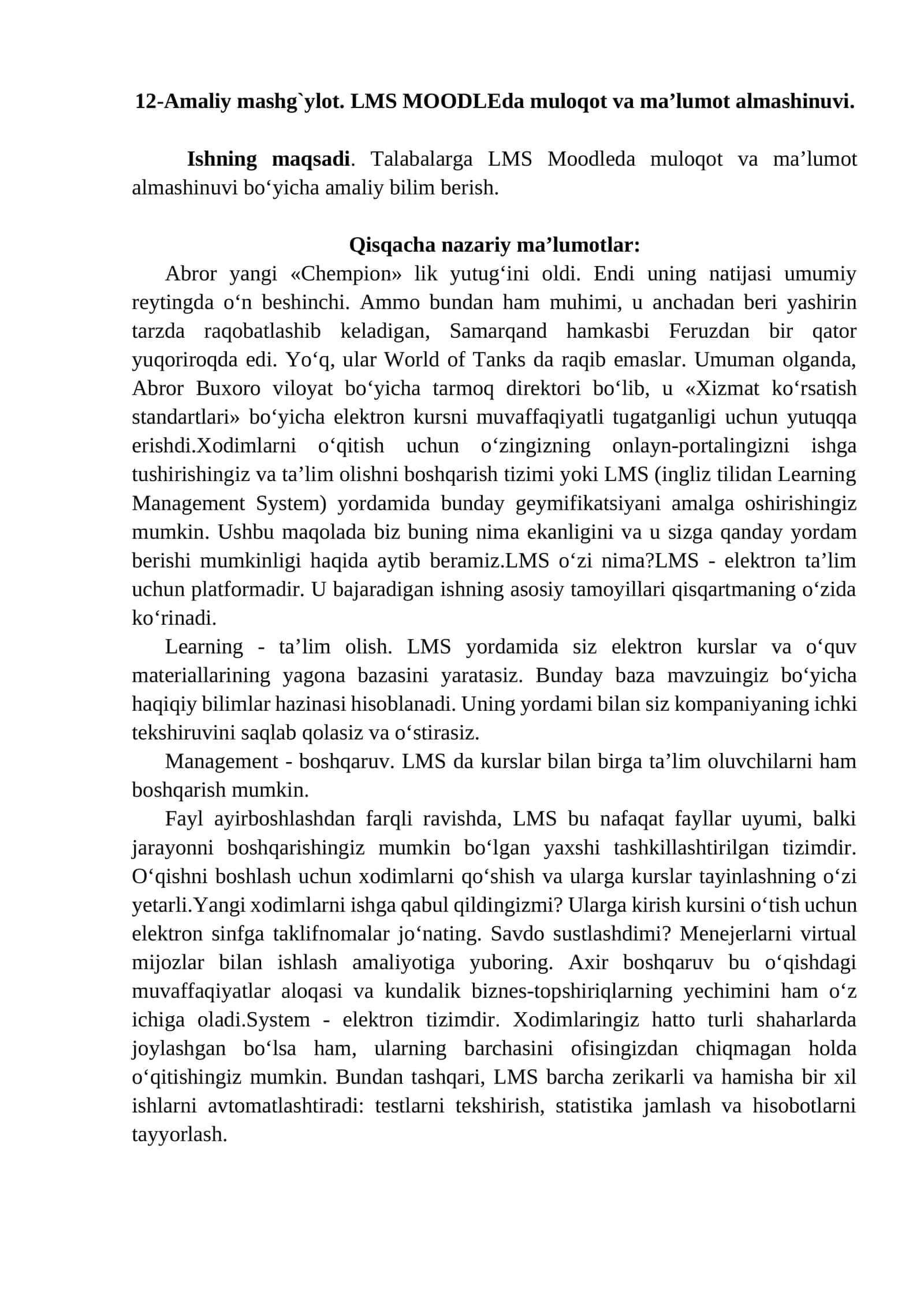 12-Amaliy mashg`ylot. LMS MOODLEda muloqot va ma’lumot almashinuvi