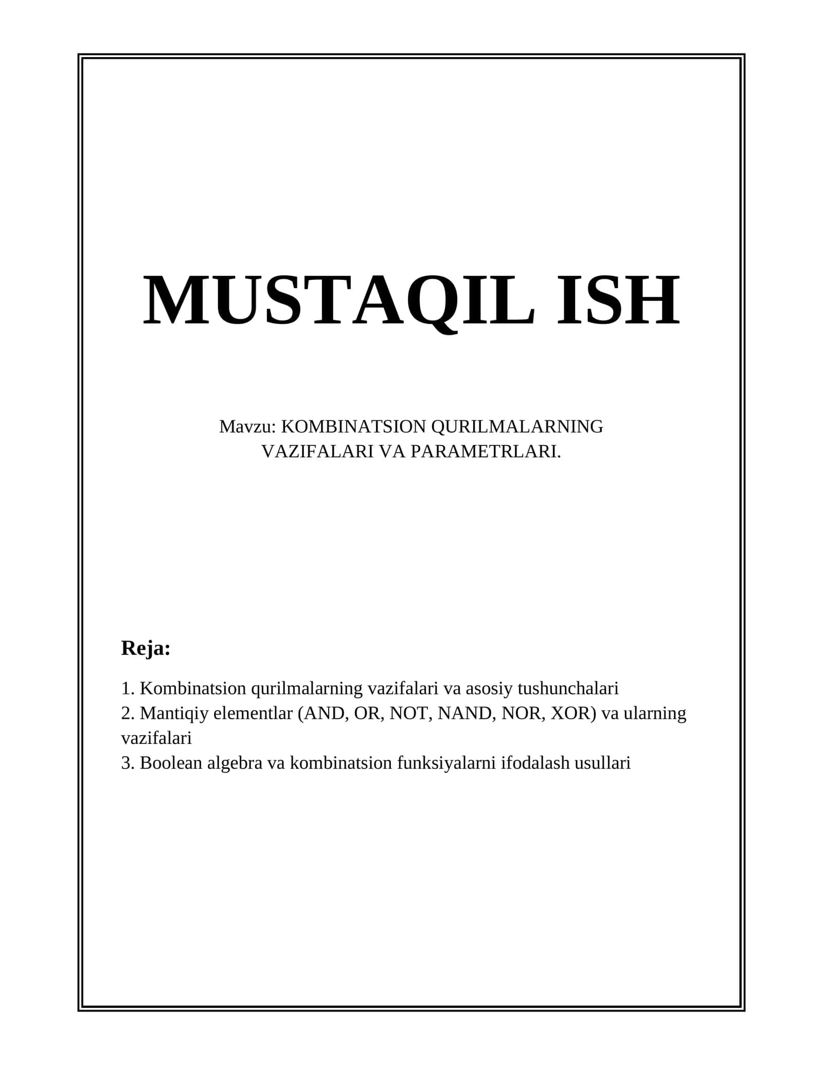 KOMBINATSION QURILMALARNING VAZIFALARI VA PARAMETRLARI