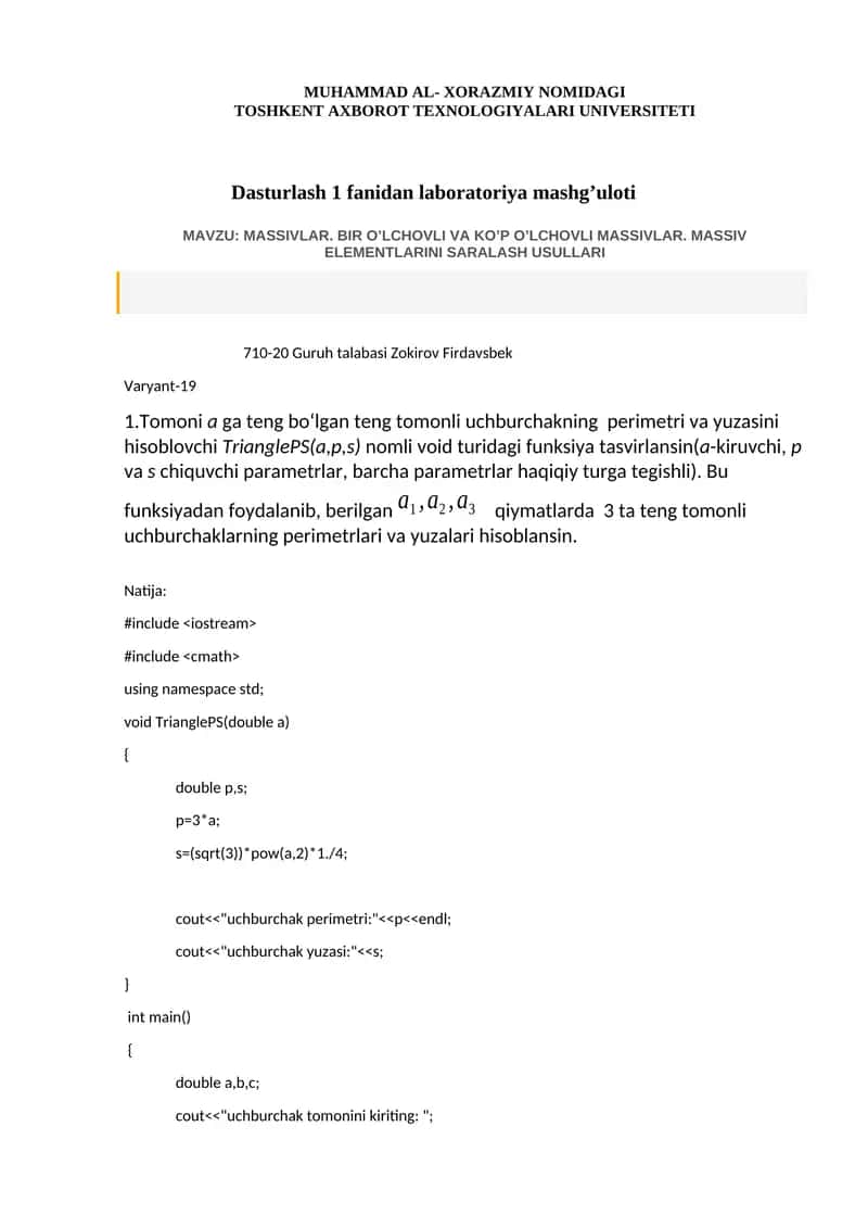 MASSIVLAR. BIR O’LCHOVLI VA KO’P O’LCHOVLI MASSIVLAR. MASSIV ELEMENTLARINI SARALASH USULLARI
