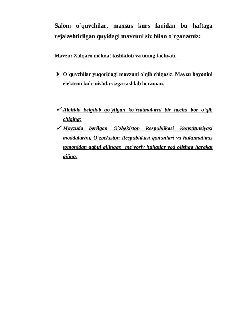 Xalqaro mehnat tashkiloti va uning faoliyati