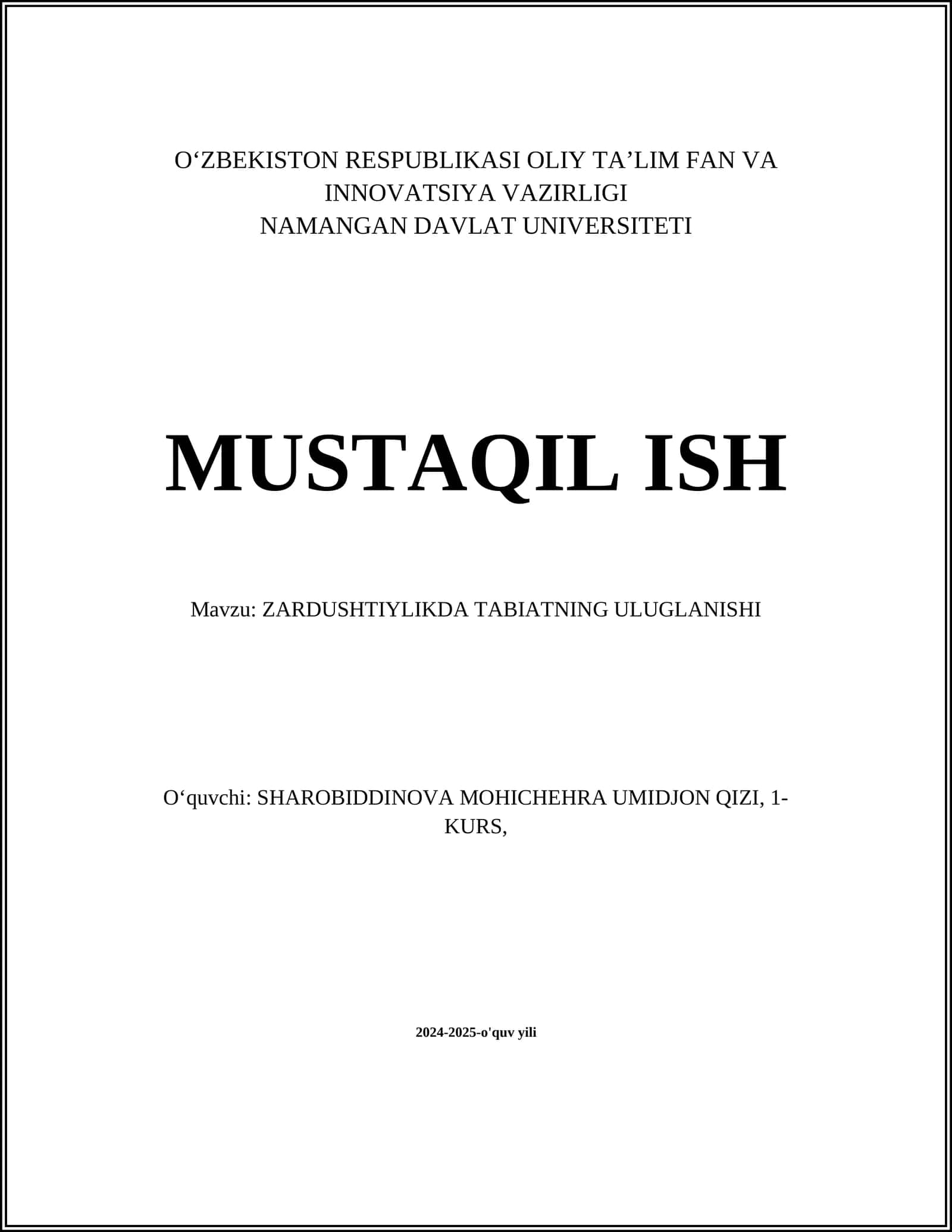 ZARDUSHTIYLIKDA TABIATNING ULUGLANISHI