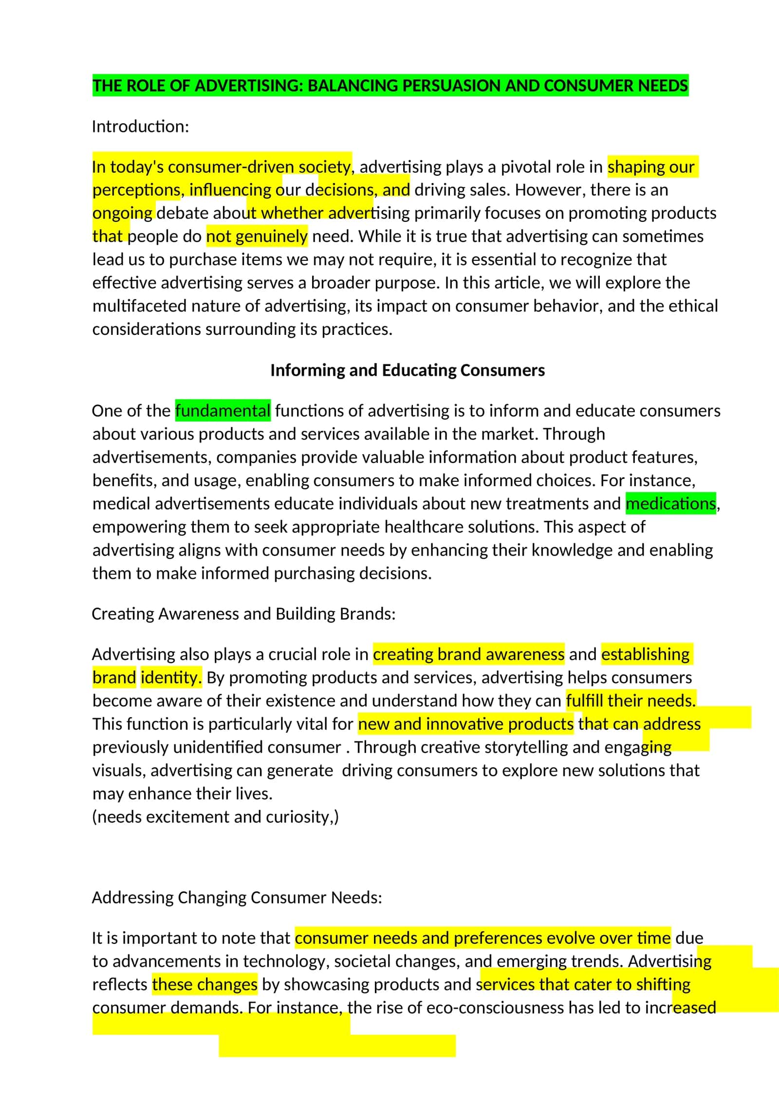 THE ROLE OF ADVERTISING: BALANCING PERSUASION AND CONSUMER NEEDS