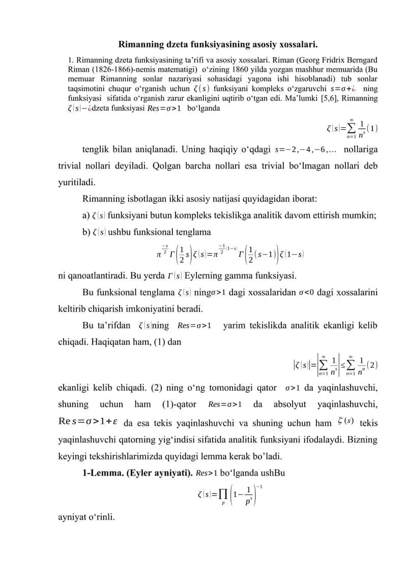 Rimanning dzeta funksiyasining asosiy xossalari.