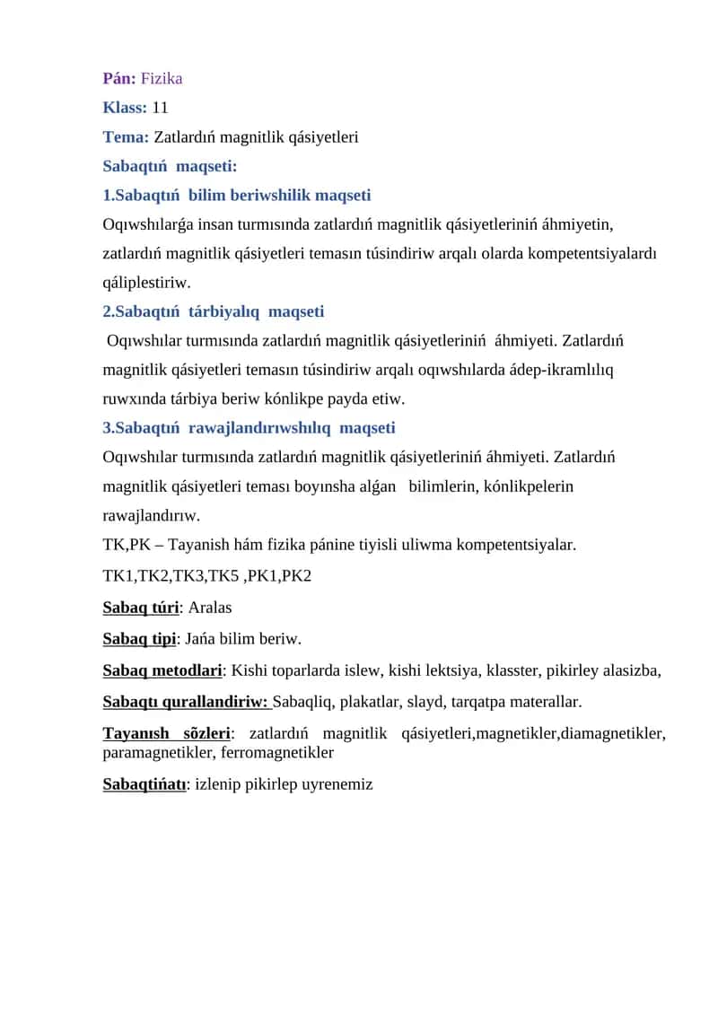 Zatlardıń magnitlik qásiyetleri