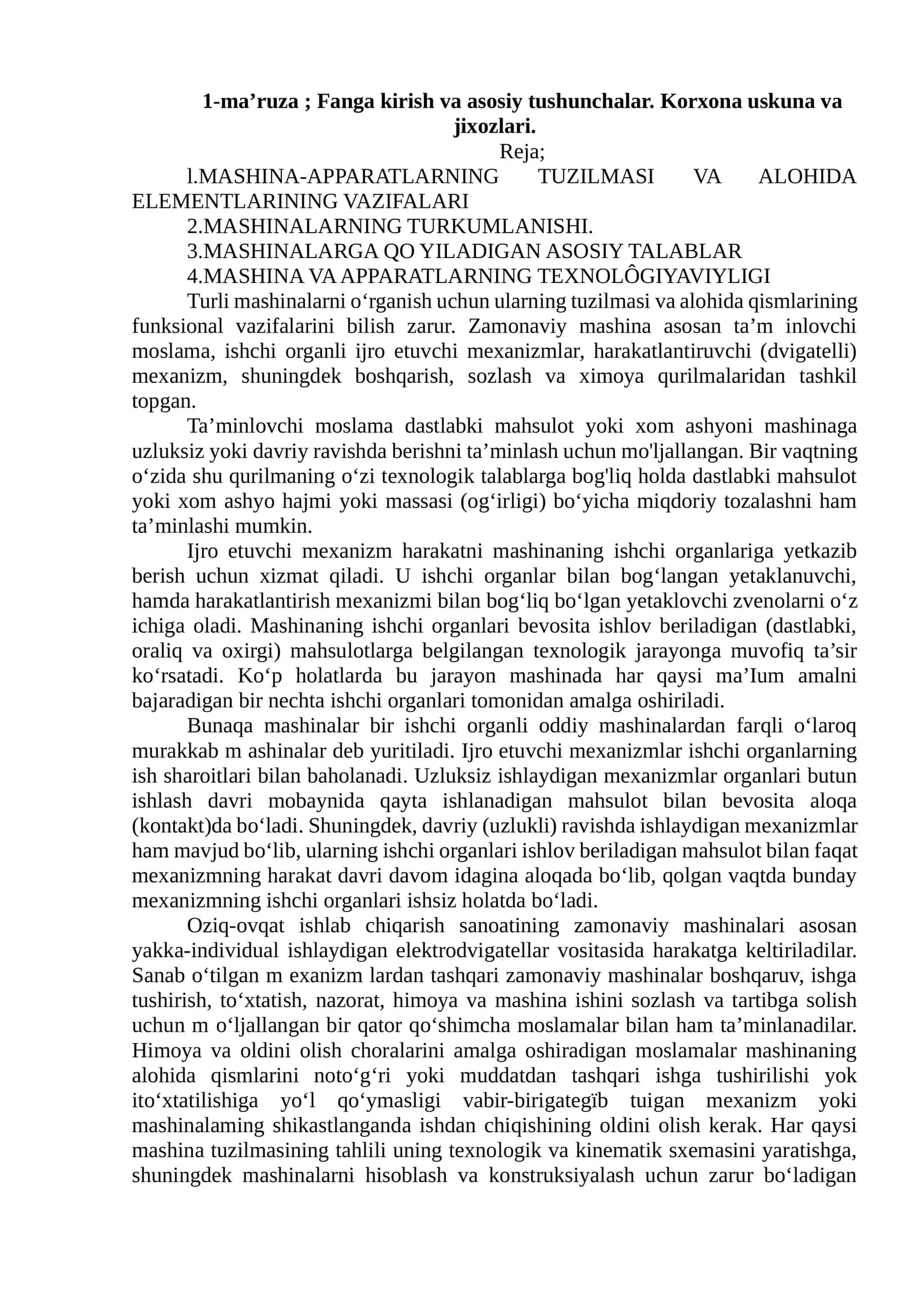 MASHINA-APPARATLARNING TUZILMASI VA ALOHIDA ELEMENTLARINING VAZIFALARI