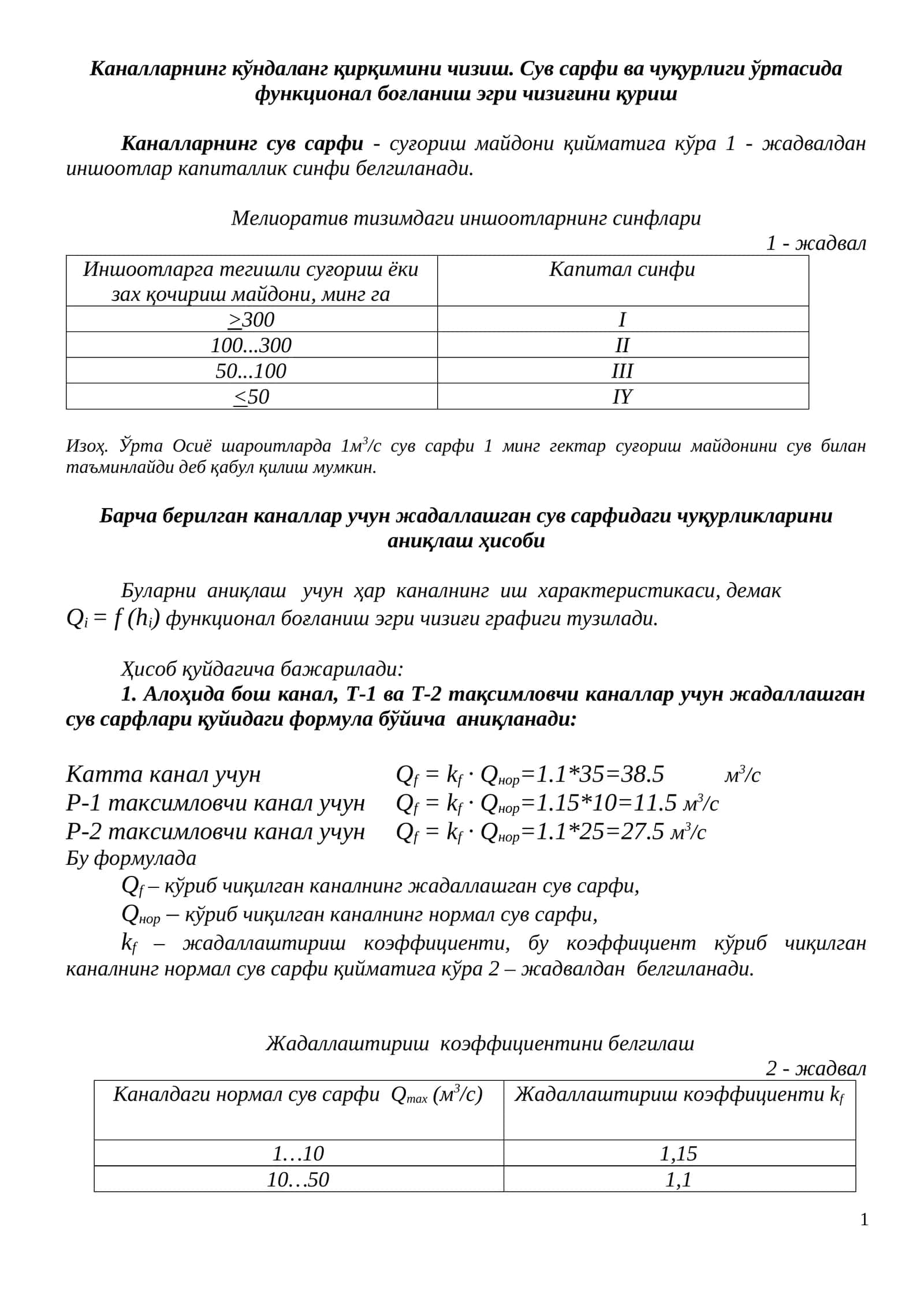 Мелиоратив тизимдаги иншоотларнинг синфлари