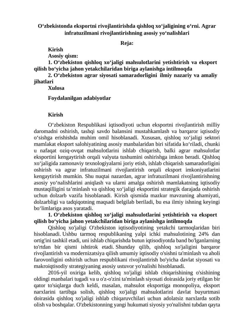 O‘zbekistonda eksportni rivojlantirishda qishloq xo‘jaligining o‘rni